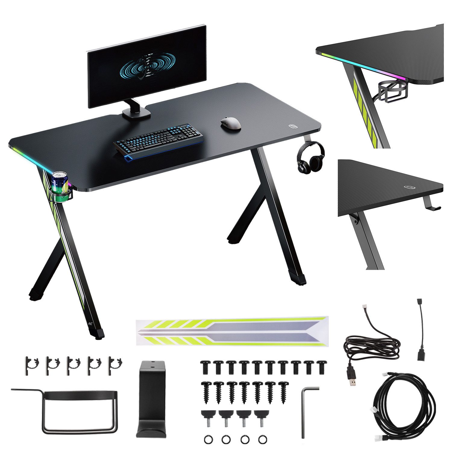 NanoRS Gamingtisch RS102 mit RGB-LED-Beleuchtung 120x60cm, mit Kopfhörer- und Becherhalter, Abmessungen 1200x600x750mm
