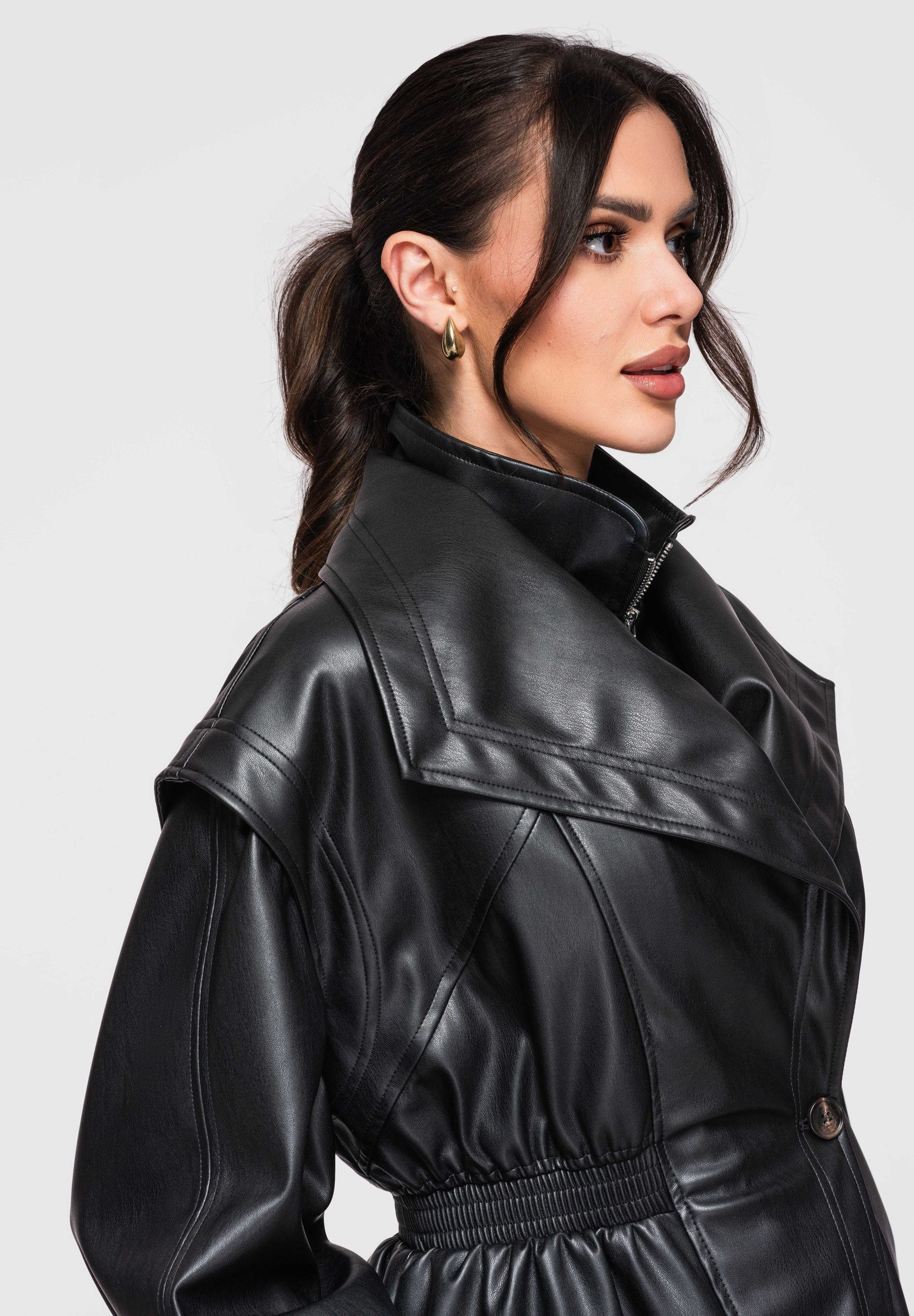 OMBRE Lederimitatjacke Damenjacke mit ausgestelltem Schnitt und hohem Stehkragen