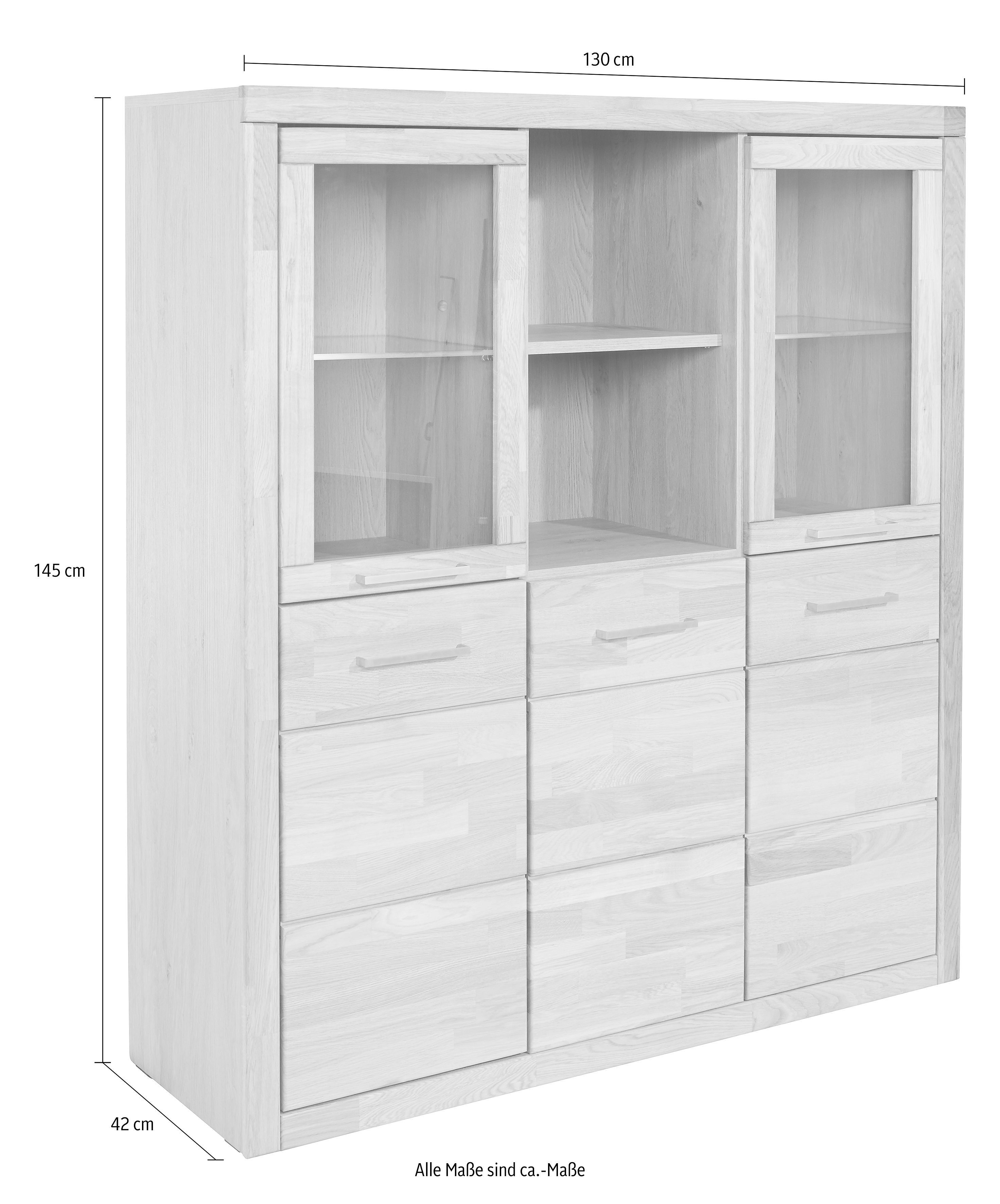 OTTO home Highboard Trondheim,130cm breit,42 cm tief, Fronten Holzmassiv, Metallgriffe, Korpus aus Holzwerkstoff,4 Türen,12 Fächer, Böden teilweise versetzbar