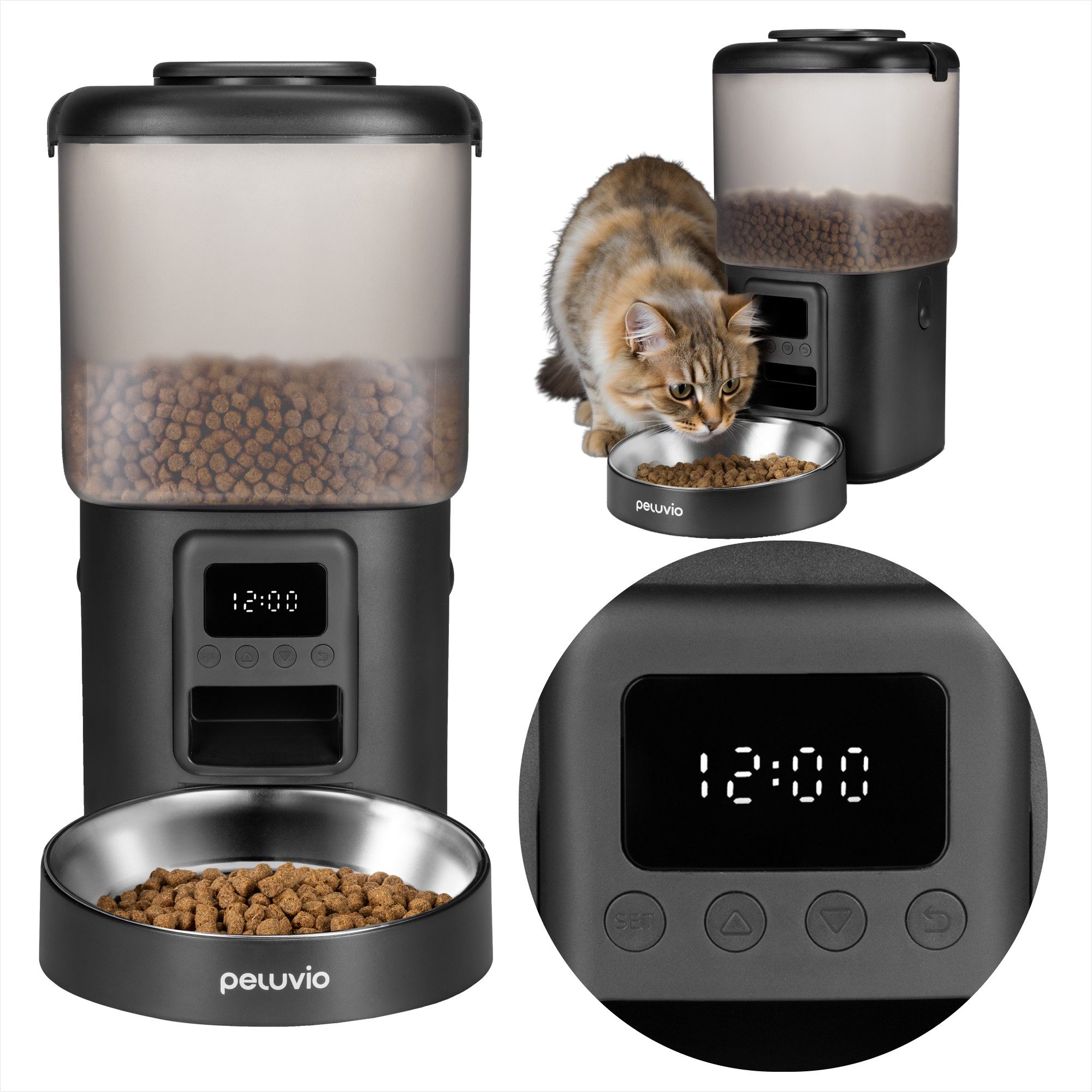Peluvio Katzen-Futterautomat CRIPSY CAT, 4,5L Vorrat / LCD-Display / 4 Mahlz./Tag / Batterienotbetrieb