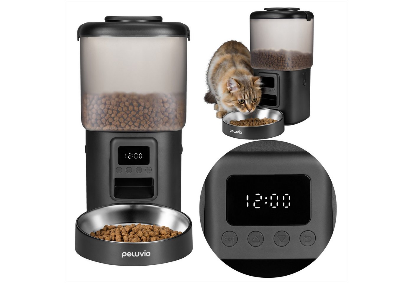 Peluvio Katzen-Futterautomat CRIPSY CAT, 4,5L Vorrat / LCD-Display / 4 Mahlz./Tag / Batterienotbetrieb