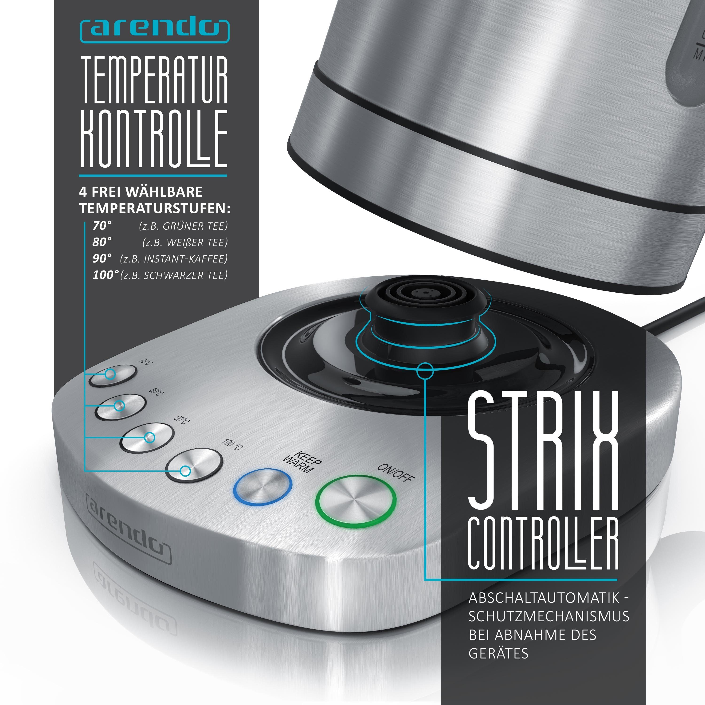 Arendo Wasserkocher aus Edelstahl, mit Temperatureinstellung, Warmhaltefunktion 30min, 1,7 l, 3000 W, einstellbare Temperatur 70° C - 100° C, Schnellkoch, Kalkfilter