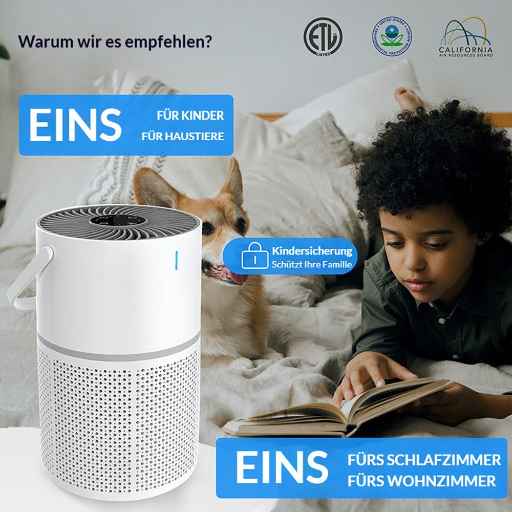 Tekoo Luftreiniger mit HEPA H13 Filter & Ionisator, für Allergiker & Haustiere, 360° Luftansaugung, Kindersicherung, Timer, Nachtlicht, Ionisator