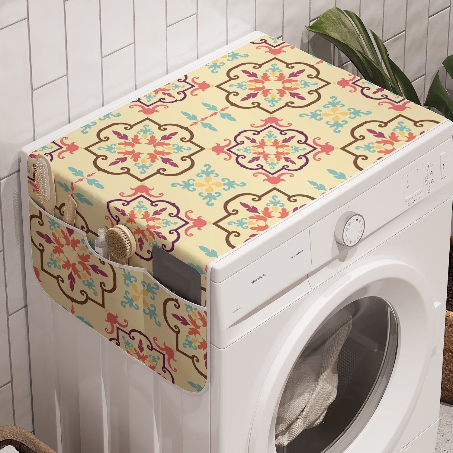 Abakuhaus Badorganizer Anti-Rutsch-Stoffabdeckung für Waschmaschine und Trockner, Geometrisch Art Floral Themed Entwurf