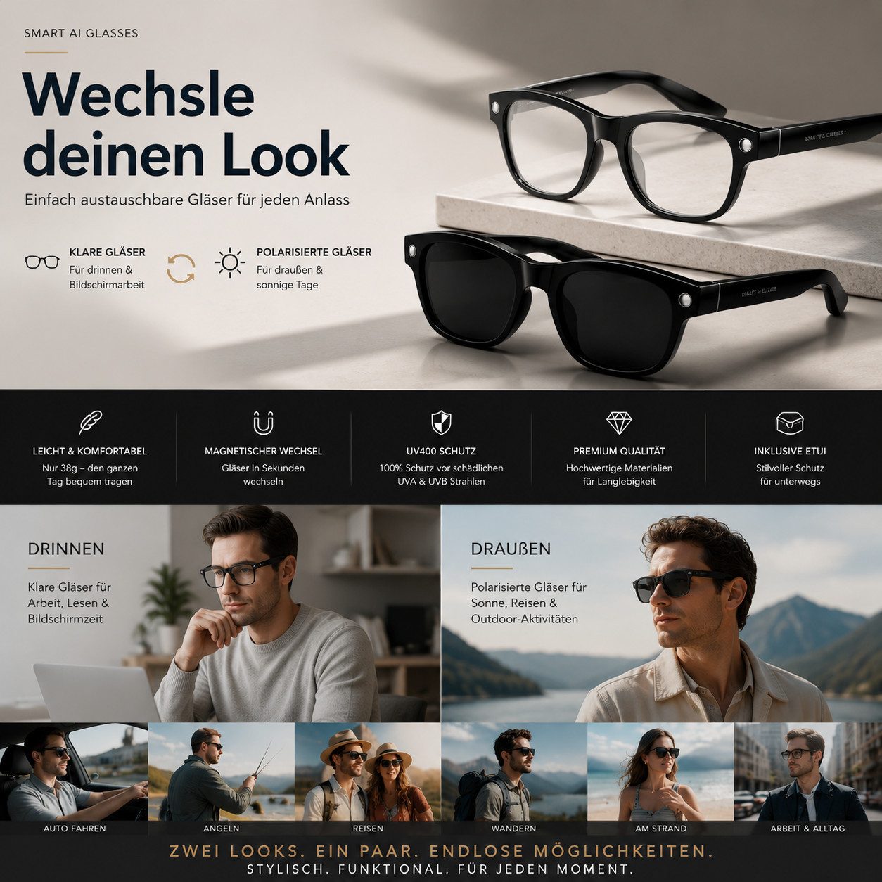 wohnTRAUM24 Smart Glasses, AI-Smart-Brille mit 8MP-Kamera Bluetooth-Soundbrille (Intelligente Bluetooth Brille mit KI Sprachassistent)