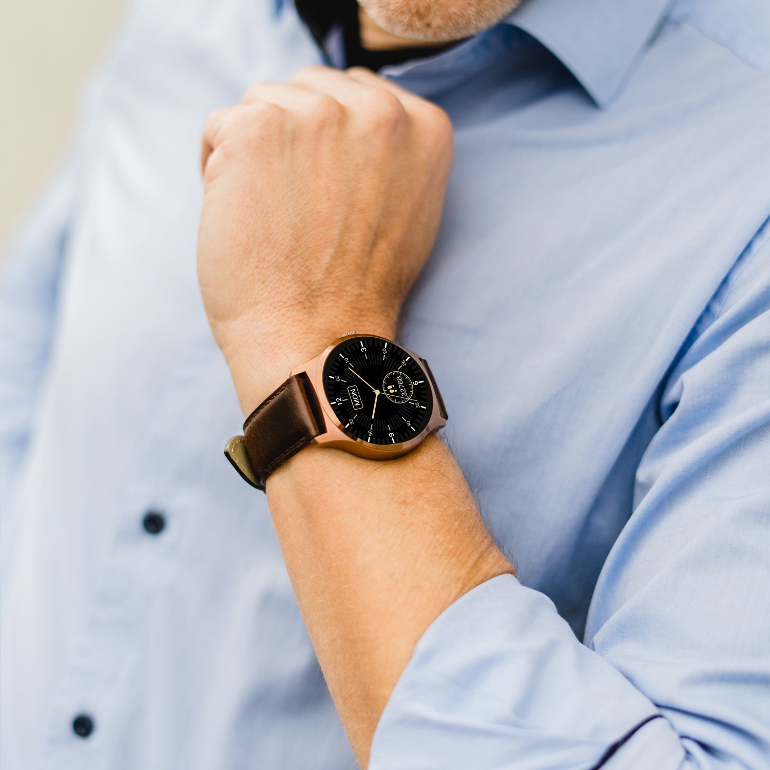 XCOAST QIN XC PRO Herren Smartwatch (3,9 cm/1,3 Zoll, iOS Android) Fitnessuhr und Fitness Tracker, 3-tlg., Leder Braun, Wasserdicht, Puls, Blutdruck, Blutsauerstoff, 9 Tage Akku, Sportmodi