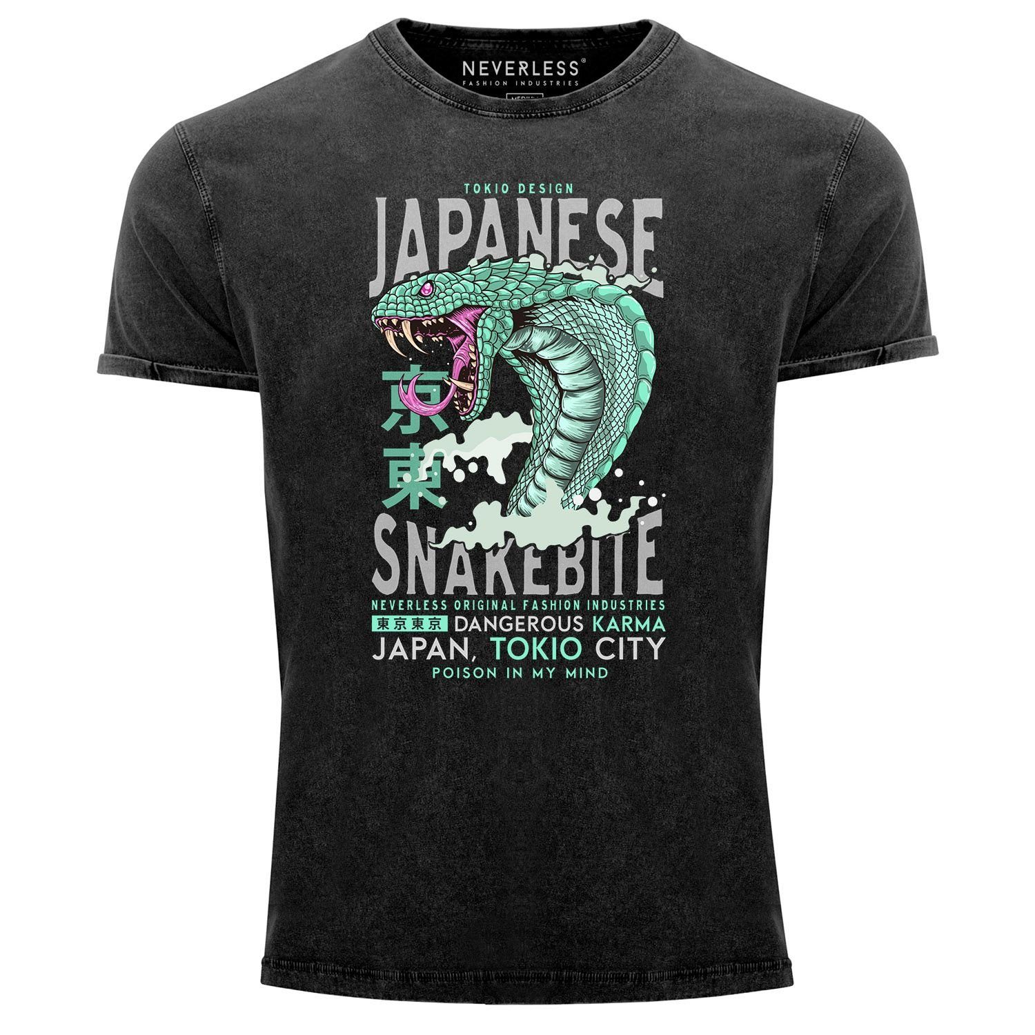 Neverless Print-Shirt Neverless® Herren T-Shirt Japanese Snakebite Kobra shirt Cobra Motiv-Print Tattoo Graffiti Style Printshirt Schlange Snake Aufdruck Used Look Slim Fit mit Print