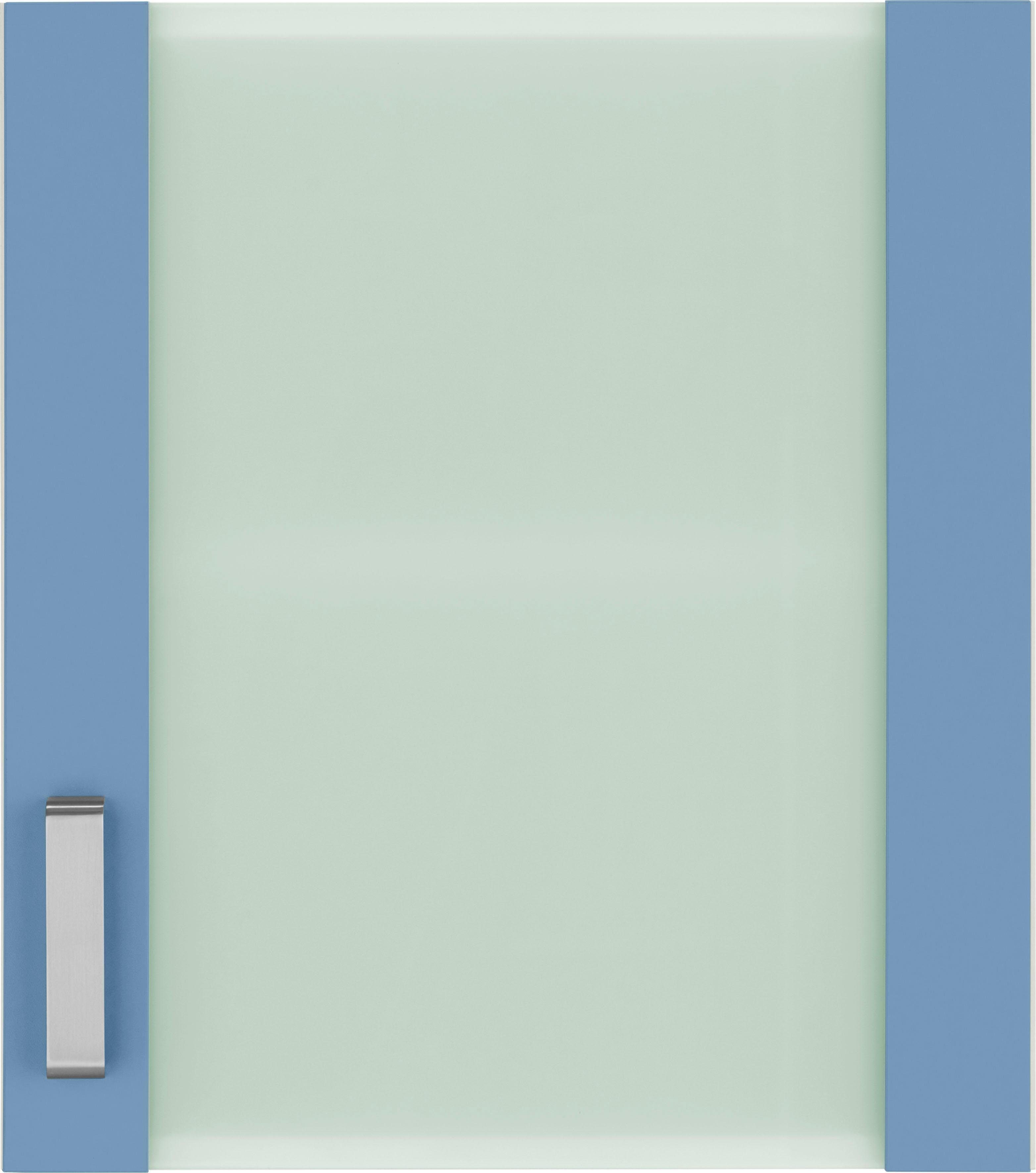 Glashängeschrank Husum mit Glaseinsatz Küchen wiho Front himmelblau/weiß