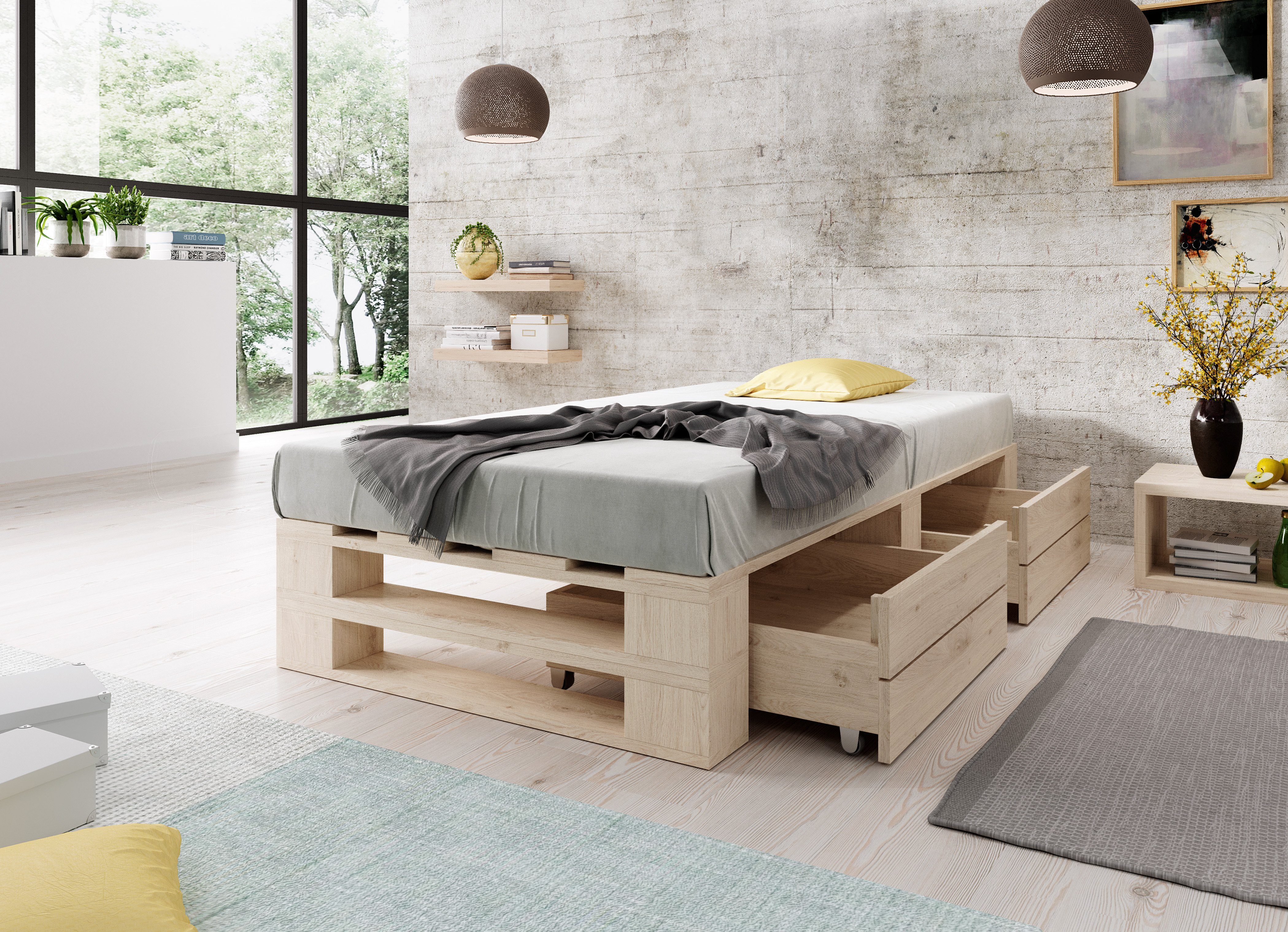 sunnypillow Palettenbett M2 aus Holz mit Lattenrost und 2 Bettkästen, 90 x 200 cm + Schubladen Natur