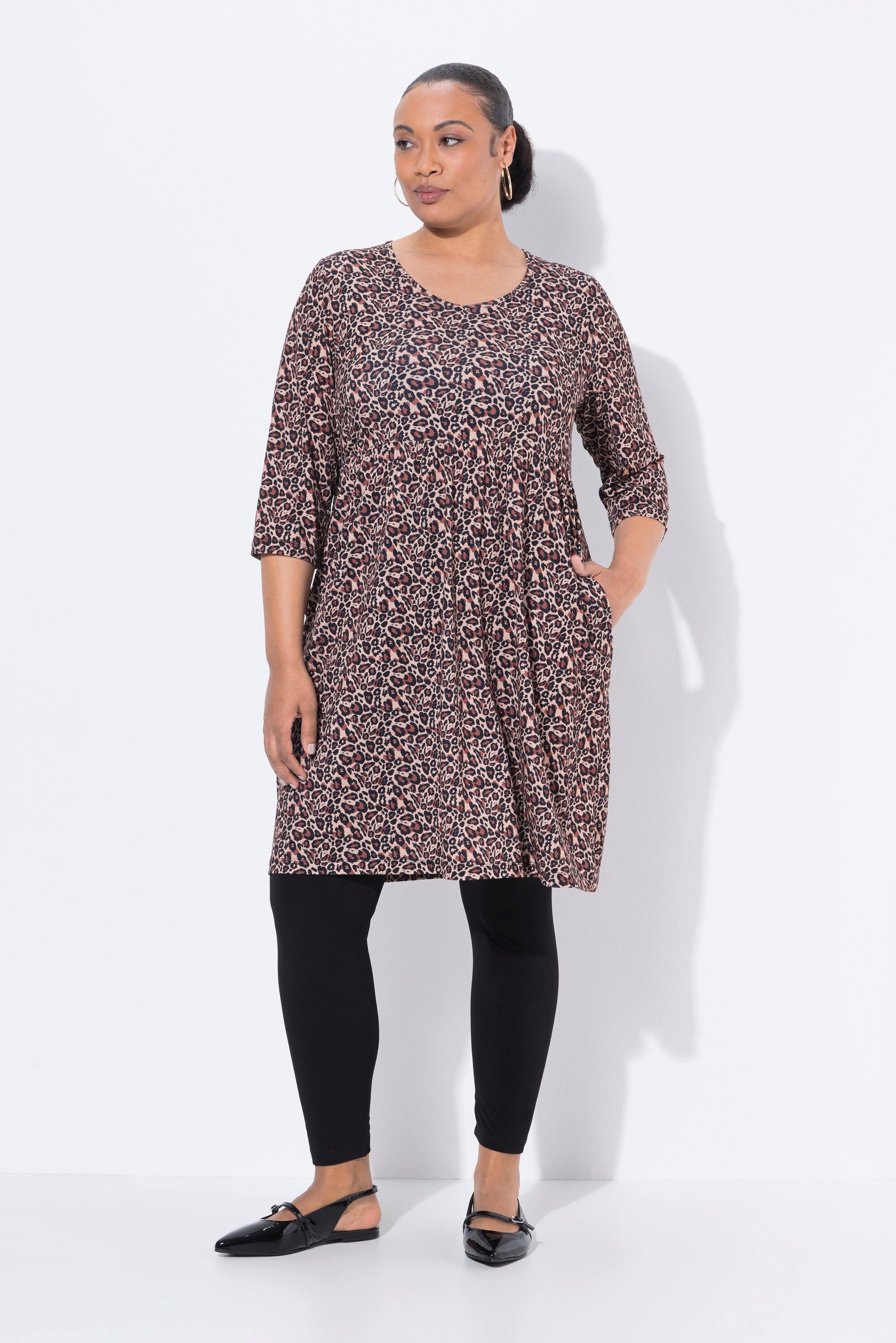 Ulla Popken Maxikleid Longshirt A-Linie V-Ausschnitt 3/4-Arm Taschen