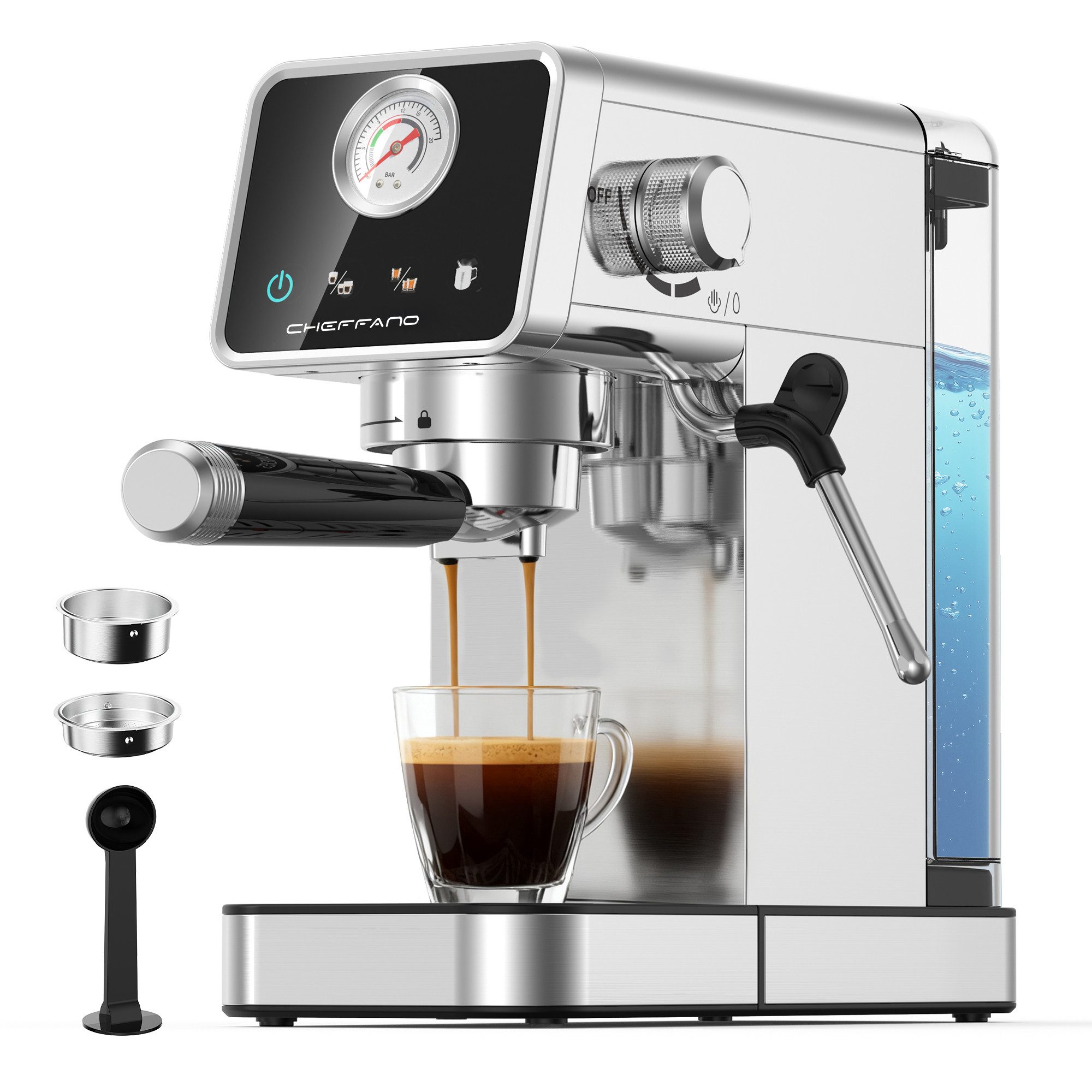 CHEFFANO Espressomaschine Halbautomatische Espressomaschine mit 20 Bar Druck, Manometer und Touchscreen