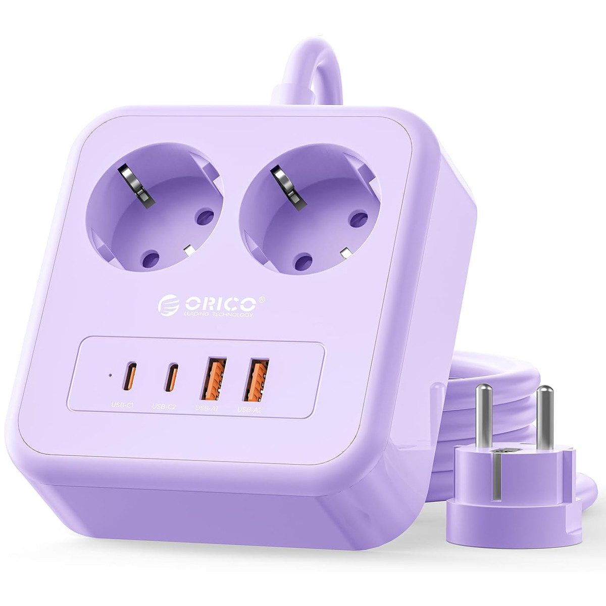 ORICO Steckdose 6-in-1 Mehrfachsteckdose mit USB-C PD 20W, 3 m Kabel, 1-St., 2 Steckdosen & 4 USB (2× USB-C), Kompakt-Powercube für Büro & Zuhause