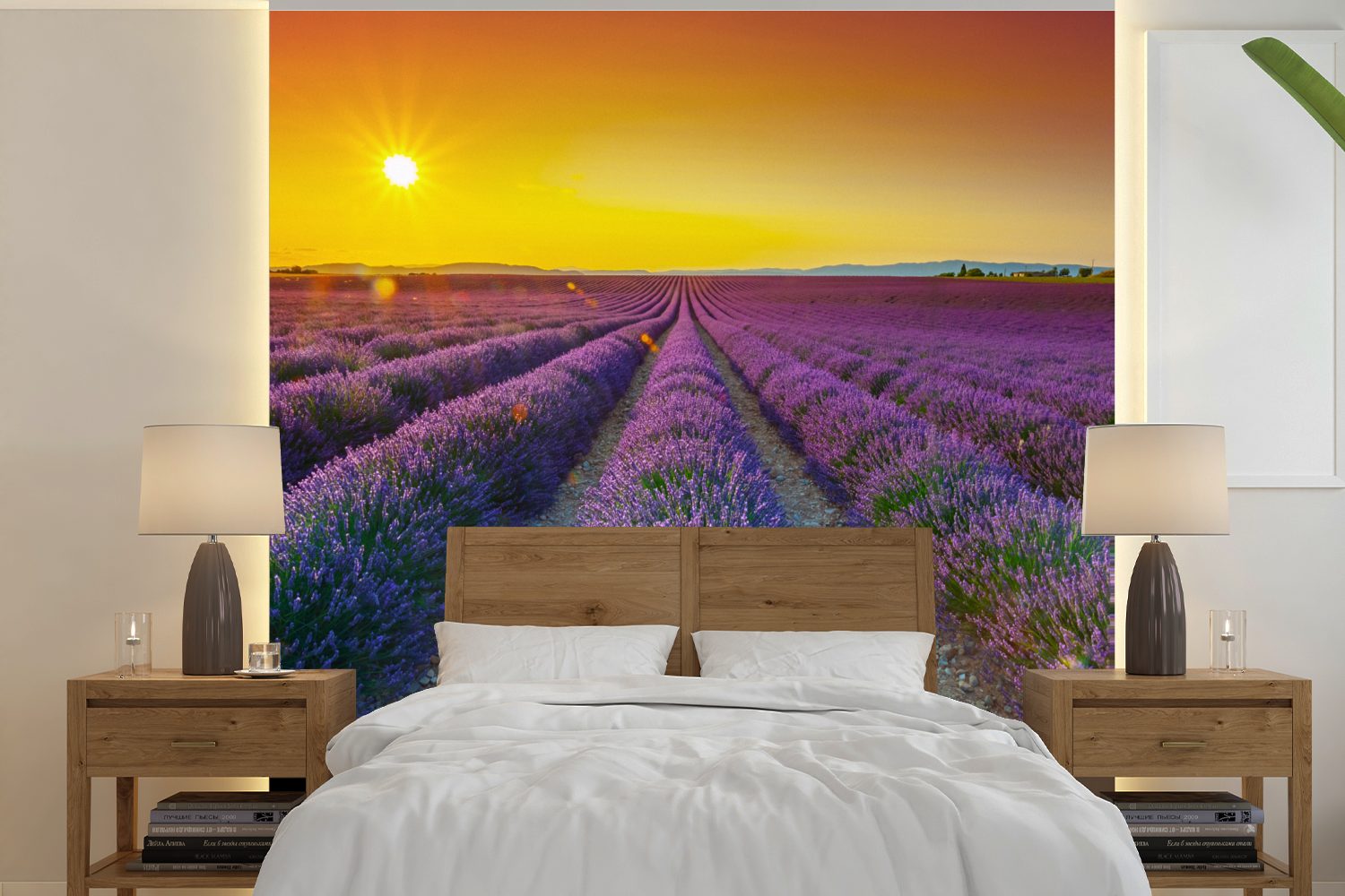MuchoWow Fototapete Oranger Sonnenuntergang über einem Feld voller Lavendel, Matt, bedruckt, (5 St), Vinyl Tapete für Wohnzimmer oder Schlafzimmer, Wandtapete