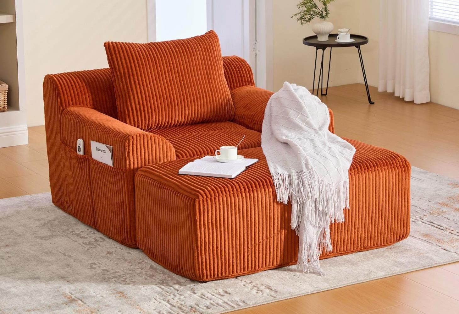 LVHOM Loungesessel Übergroßer Cord Relaxsessel/Polstersessel mit Fußhocker, Seitentaschen (stabiles und dickes Kissen, Steigbügel (kann als separater Hocker dienen), 1-Sitzer Sofasessel, Nicht leicht zu verformen, hohe Rückfederung, tiefe Sitzfläche, Hochbelastbar (300kg): Premium-Schaum + Federbasis, Rahmenlose), für Wohnzimmer, Schlafzimmer, Studie, Homeoffice, Leseecken