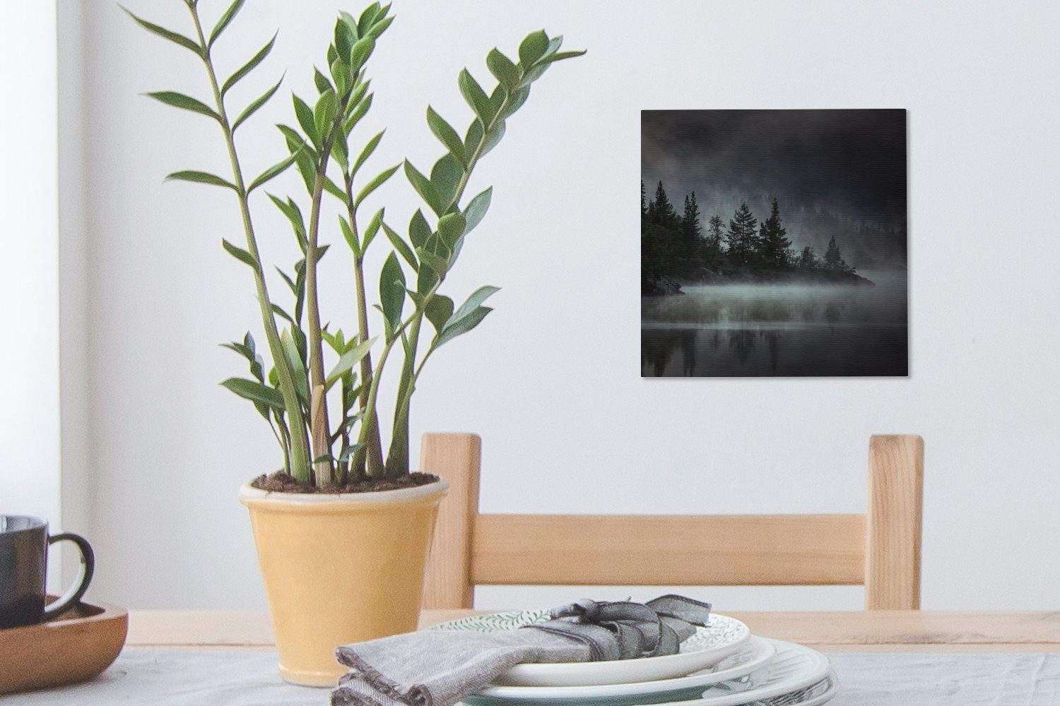 OneMillionCanvasses® Leinwandbild Wald - Nebel - Schwarz - Weiß, Fotodruck (1 St), Leinwand Bilder Klein, Wand Dekoration Aesthetic 30x20 cm – Bild 5 von 5