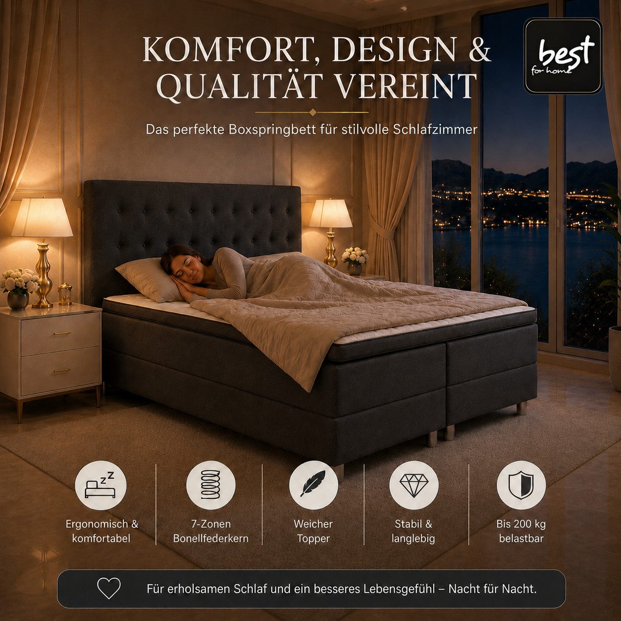 Best for Home Boxspringbett NEO mit Bonellfederkern & 5 cm Topper – Komfort & Design (Boxspringbett-Set, 6-St., 90x200 100x200 120x200 140x200 160x200 180x200 200x200 cm), Handwerksqualität, TOP- Preis-Leistungs-Verhältnis
