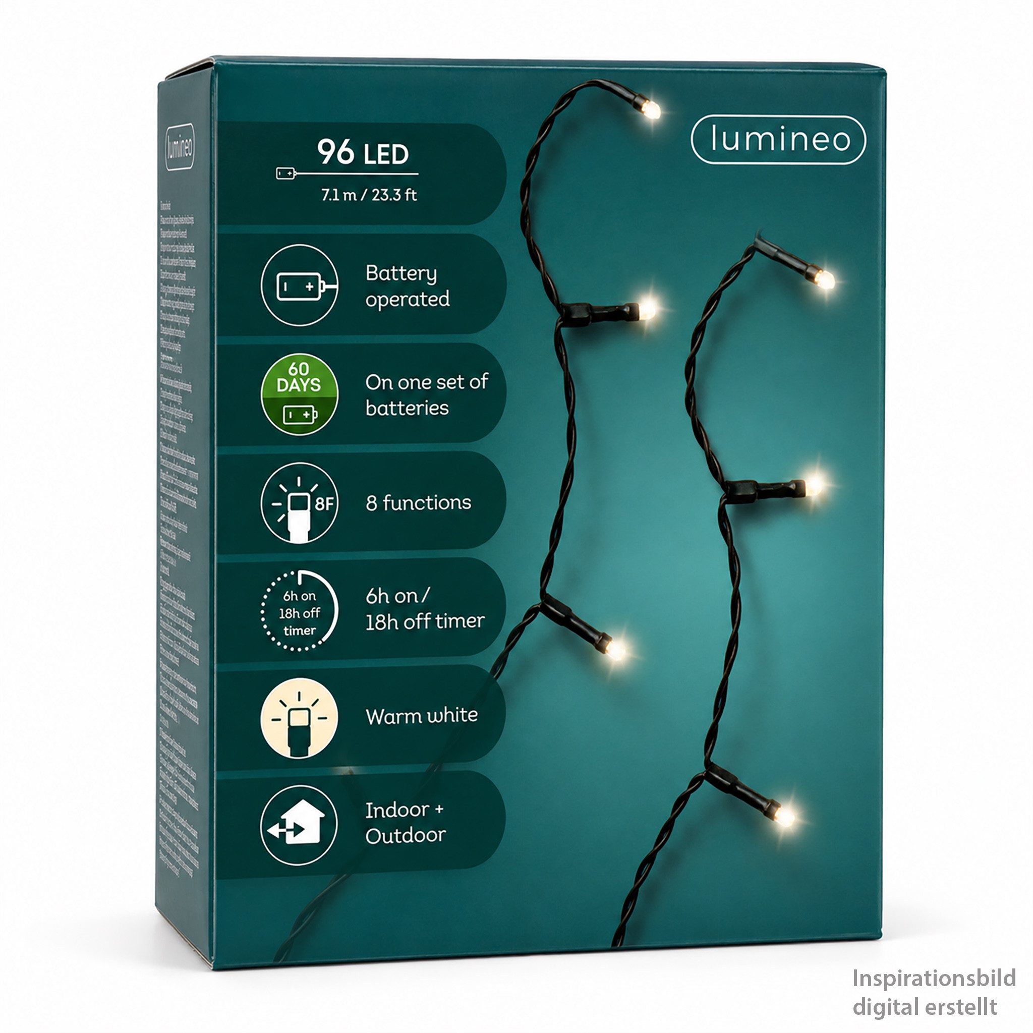 Lumineo LED-Lichterkette, LED Lichterkette 7,1m Durawise Batterie 96 LEDs Warmweiß / Schwarz