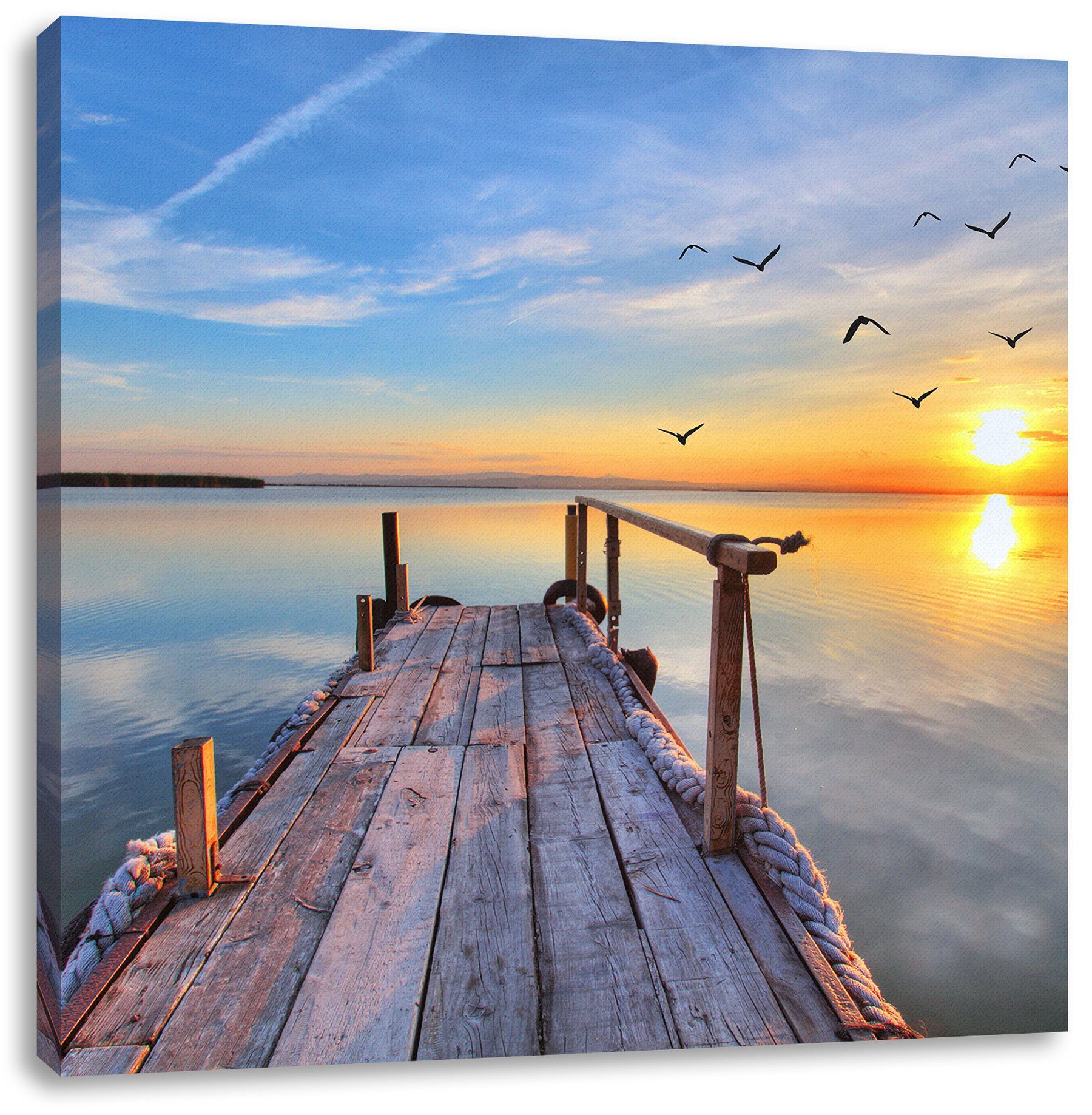 Pixxprint Leinwandbild »Steg mit Möwen bei Sonnenuntergang ...