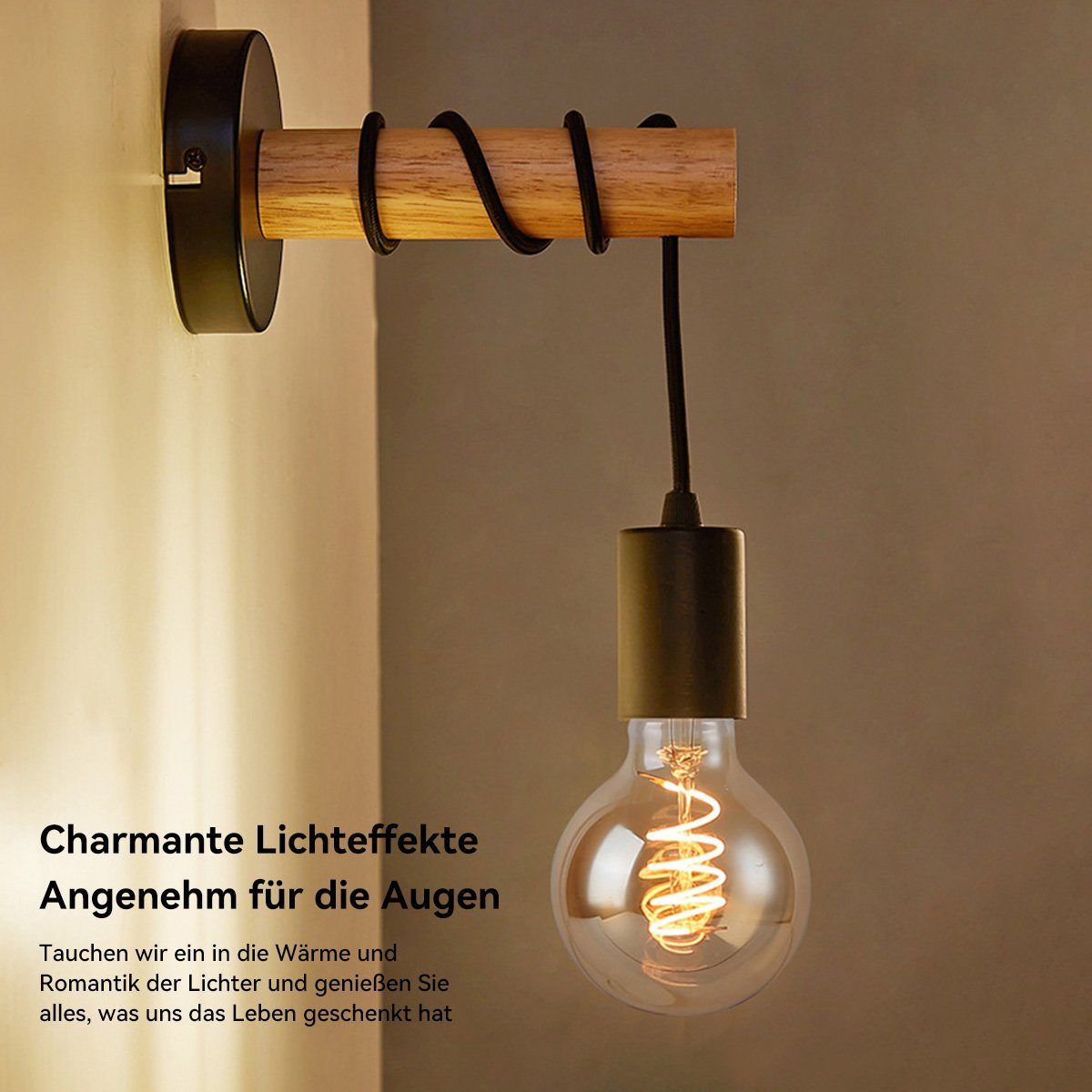 LED DOPWii Vintage-Charme Leuchtmittel, Retro ohne Wandleuchte Schlafzimmer,Wohnzimmer,E27-Lampenfassung, aus Wandlampe Holz für
