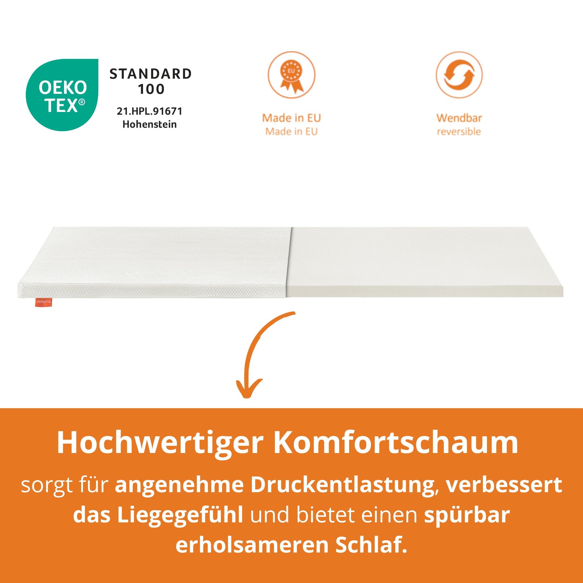 sleepling, Topper in weich, fest und extra fest, 3 Härtegrade, 5 cm hoch, bis 80 kg, mit 4 elastischen Eckbändern, für alle Schlaftypen, Ökotex