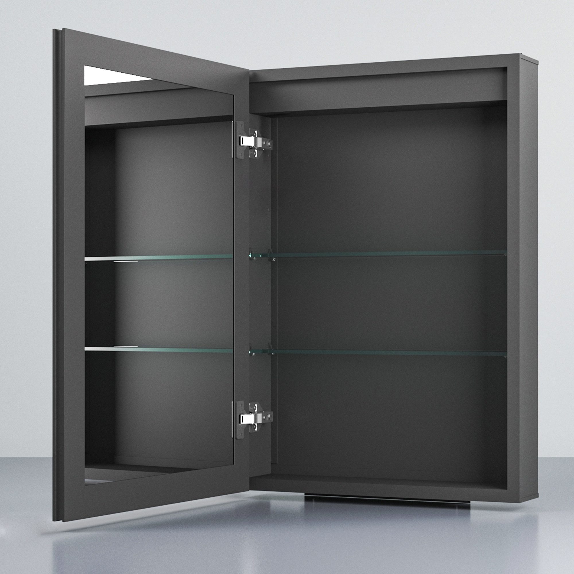 WDWRITTI Hängeschrank Schwarz matt Aluminium Badezimmerspiegelschrank mit ablage Eckig (Spiegelschrank mit Glasböden, Doppelseitiger Spiegel) Softclose-Scharnieren, vormontiert geliefert