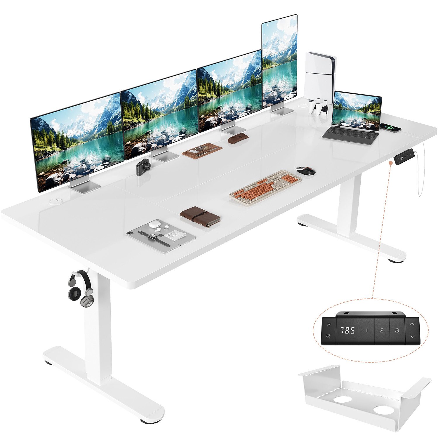 HOMALL Schreibtisch Höhenverstellbarer Schreibtisch mit 3 Höhen-Speicherfunktionen (Mehrere Größen: 120/140/160/180/200 cm, mit 1 USB-Ladeanschluss, Tischplatte mit einer Tiefe von 80 cm Der Tisch besteht aus vier Tischplatten)