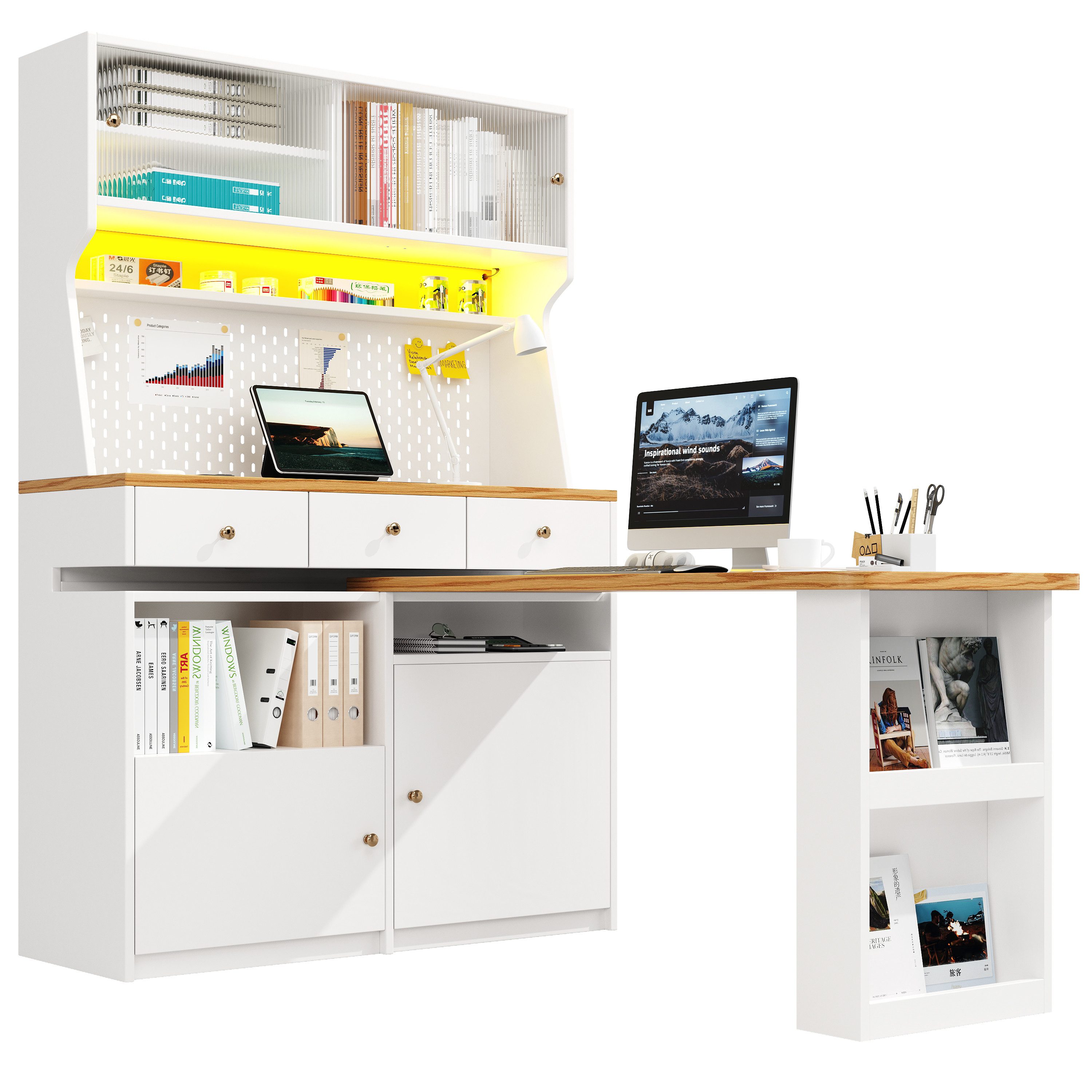 OKWISH Hochschrank Snackschrank,Schreibtisch,Tischschrank (Küchenschrank – Hohes Küchenbuffet Weiß, 1-St., 137*45*178cm(L x B x H)