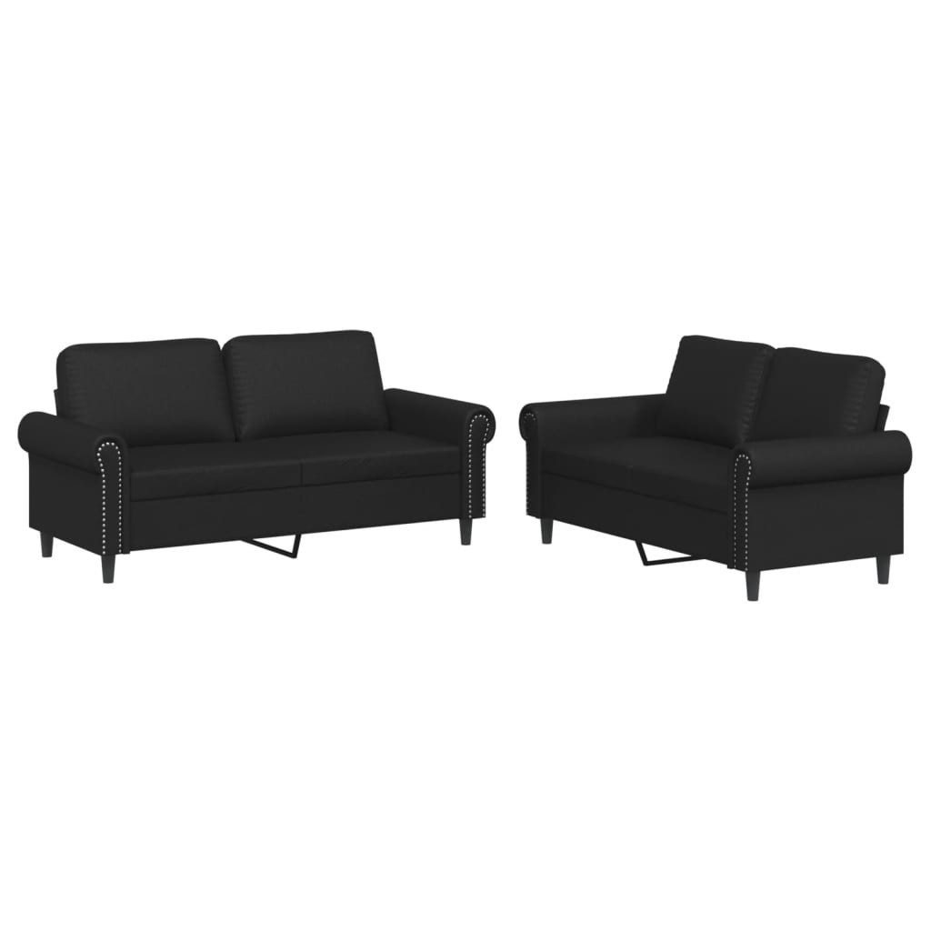 Sofa 2-tlg. Sofagarnitur mit Kissen Schwarz Kunstleder