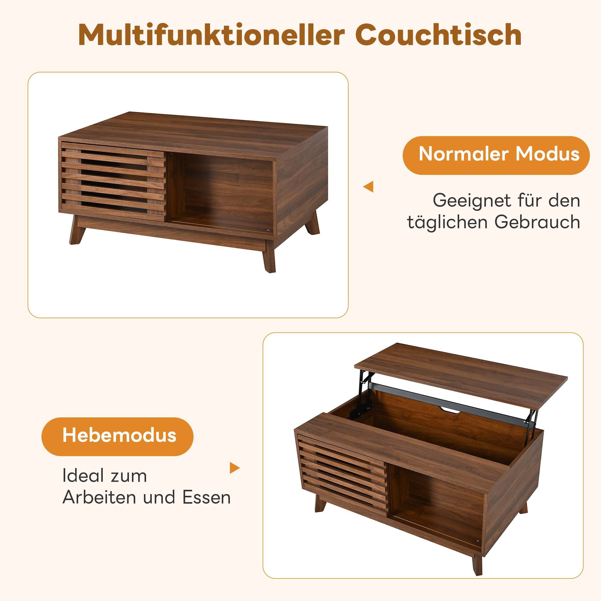Merax Couchtisch höhenverstellbar Sofatisch Retro Beistelltisch (1-St), Wohnzimmertisch mit Jalousietür & Stauraum, 90x55x57,5cm – Bild 5 von 5