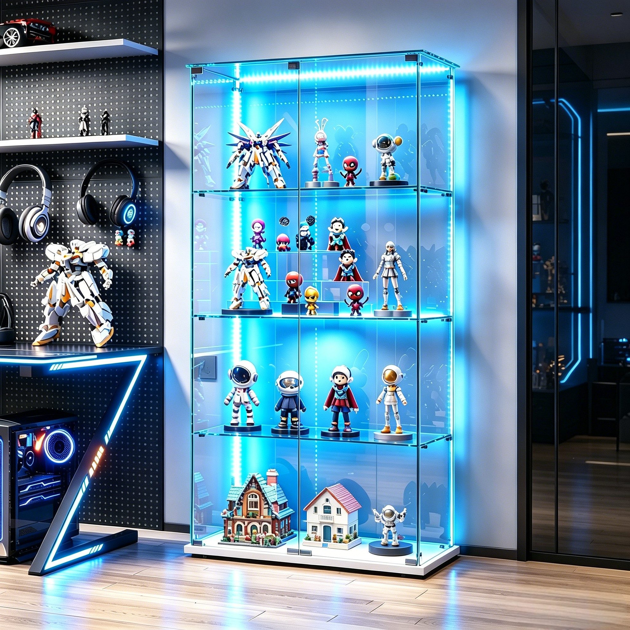 Simurq Glasvitrine Standvitrine mit LED und 2 Glastüren, Vitrinenschrank Glas (4 Ebenen(78,5x35x163 cm), 5 Ebenen(78,5x34,5x186,5 cm), Glasschrank mit 2 Türen,Schloss,Sammlervitrine) LED-Beleuchtung, abschließbare Türen, gehärtetes Glas