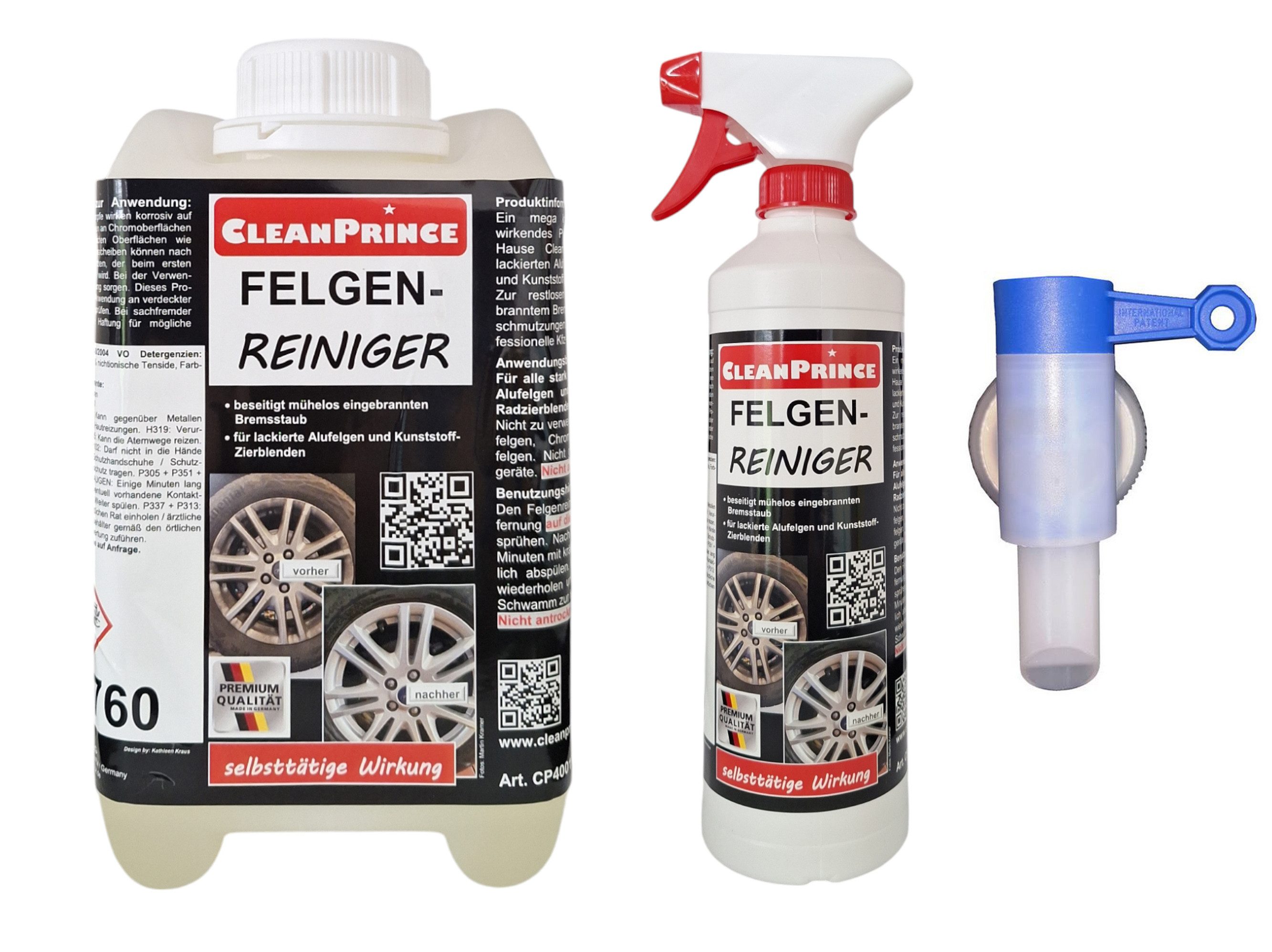CleanPrince Felgenreiniger gebrauchsfertig, selbsttätig mega stark Felgenreiniger (Zapfhahn nur bei 5 L Abgabe) für Alufelgen, Stahlfelgen, Kunststoff-Zierblenden)