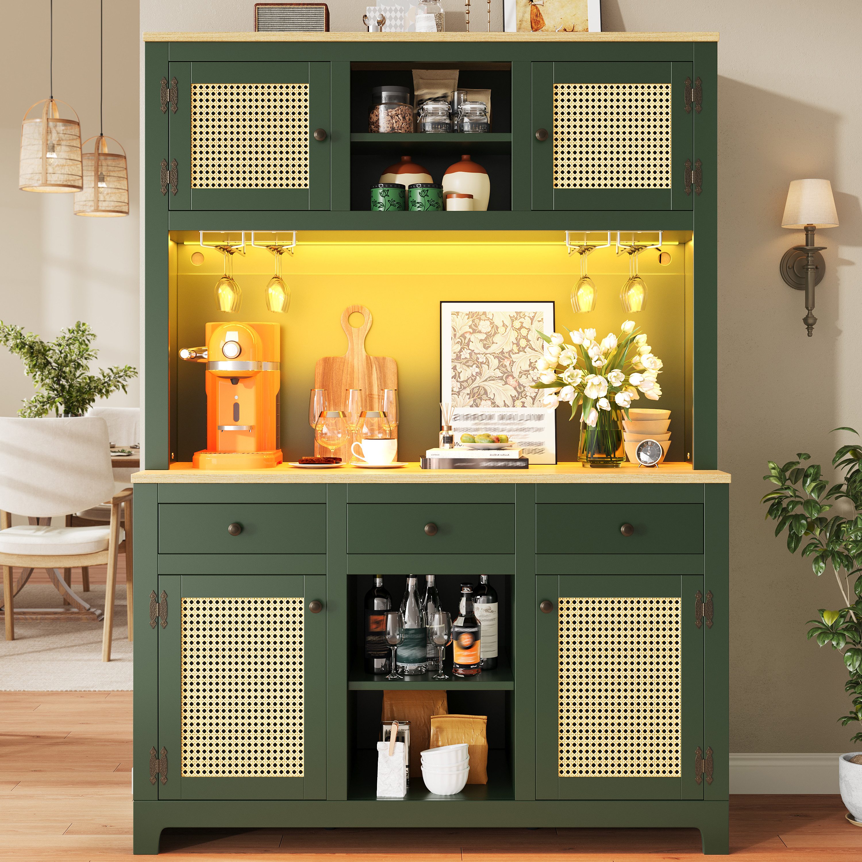 MODFU Hochschrank für Küche und Wohnzimmer (PE-Rattan Schrank mit Kippsicherung, verstellbaren Böden & Schubladen – Vintage Stauraumschrank für Küche, Wohn- & Esszimmer, 1-St., 120×40×180cm)
