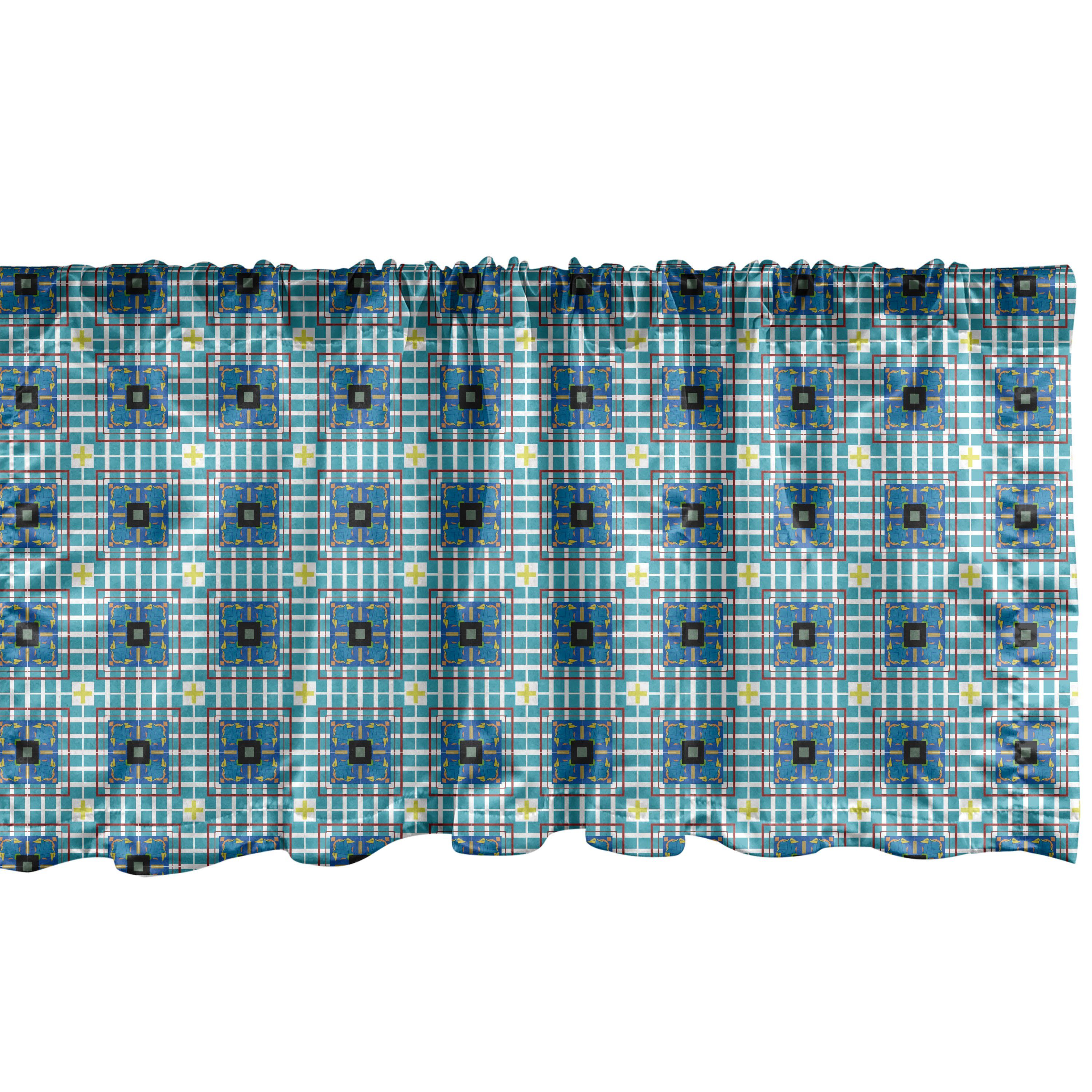 Scheibengardine Vorhang Volant für Küche Schlafzimmer Dekor mit Stangentasche, Abakuhaus, Microfaser, Geometrisch Retro Ornamental Squares