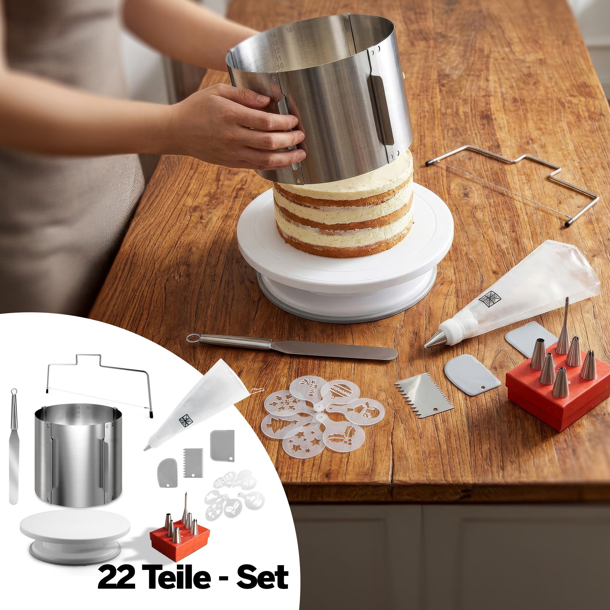 Lindenstein Tortenring Tortendeko-Set: Tortenring, Drehteller, Spritztüllen, 15 cm hoch, Edelstahl, (Spar-Set, 22 tlg., 22), Hochwertiger Edelstahl, größenverstellbar, leicht zu reinigen, stabil