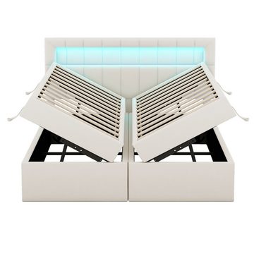 HAUSS SPLOE Polsterbett 140*200cm mit Ambientelicht Einzigartige Hebevorrichtung, Beige, Kopfteil mit LED-Licht