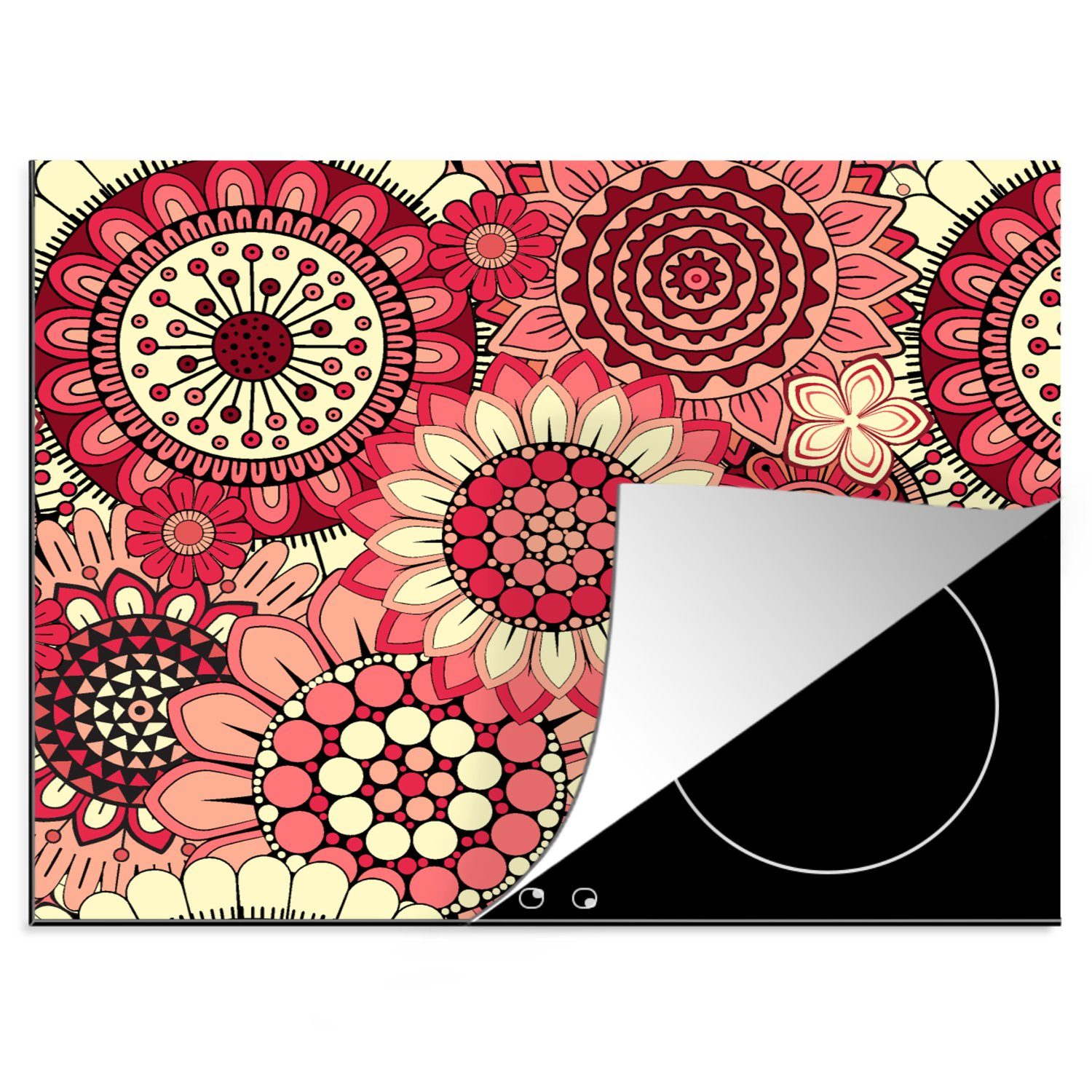 MuchoWow Herdblende-/Abdeckplatte Blume - Mandala - Retro - Muster, Vinyl, (1 tlg), 60x52 cm, Mobile Arbeitsfläche nutzbar, Ceranfeldabdeckung