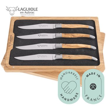 Laguiole en Aubrac Steakmesser 4er Set Steak Messer Olivenholz (4 Stück), original mit Zertifikat und Holzbox, Handarbeit