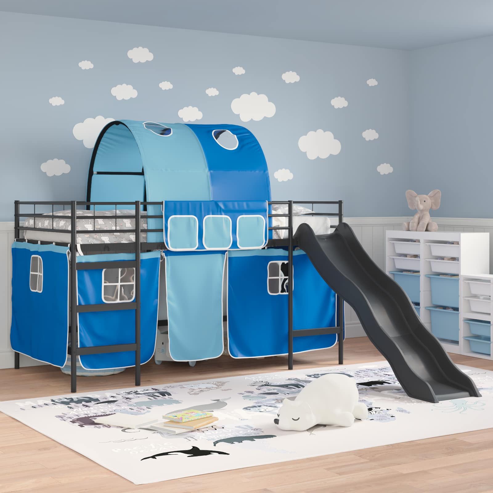 vidaXL Bett Etagenbett für Kinder mit Vorhängen Uni Schwarz und Blau Metall (1-tlg)