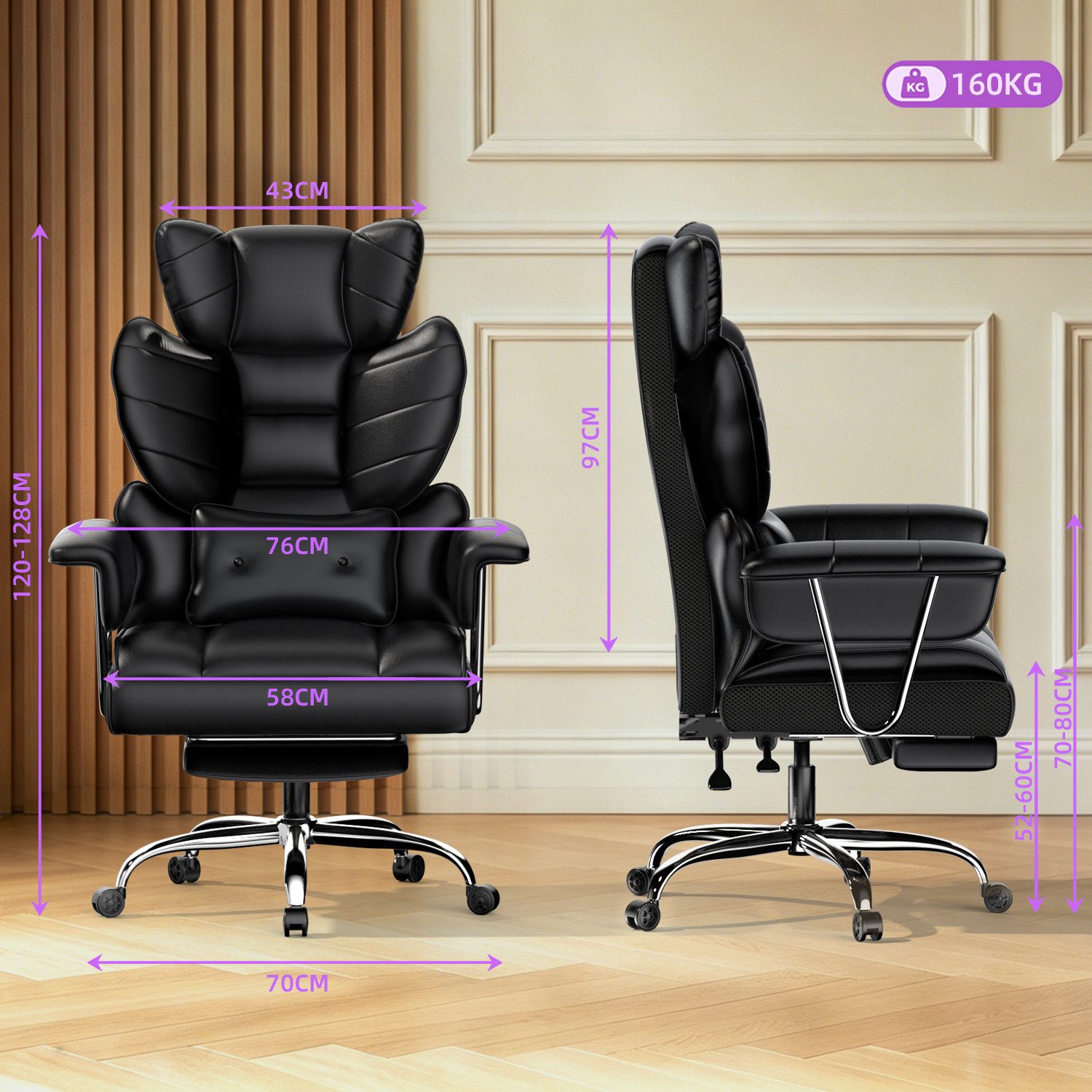 ZAISZE Bürostuhl Ergonomischer Leder Chefsessel mit Fußstütze – Komfort & Stil (Spar-Set), Hochlehner,Kopfstütze & Lordosenstütze,Höhenverstellbar & Drehbar – Bild 2 von 5