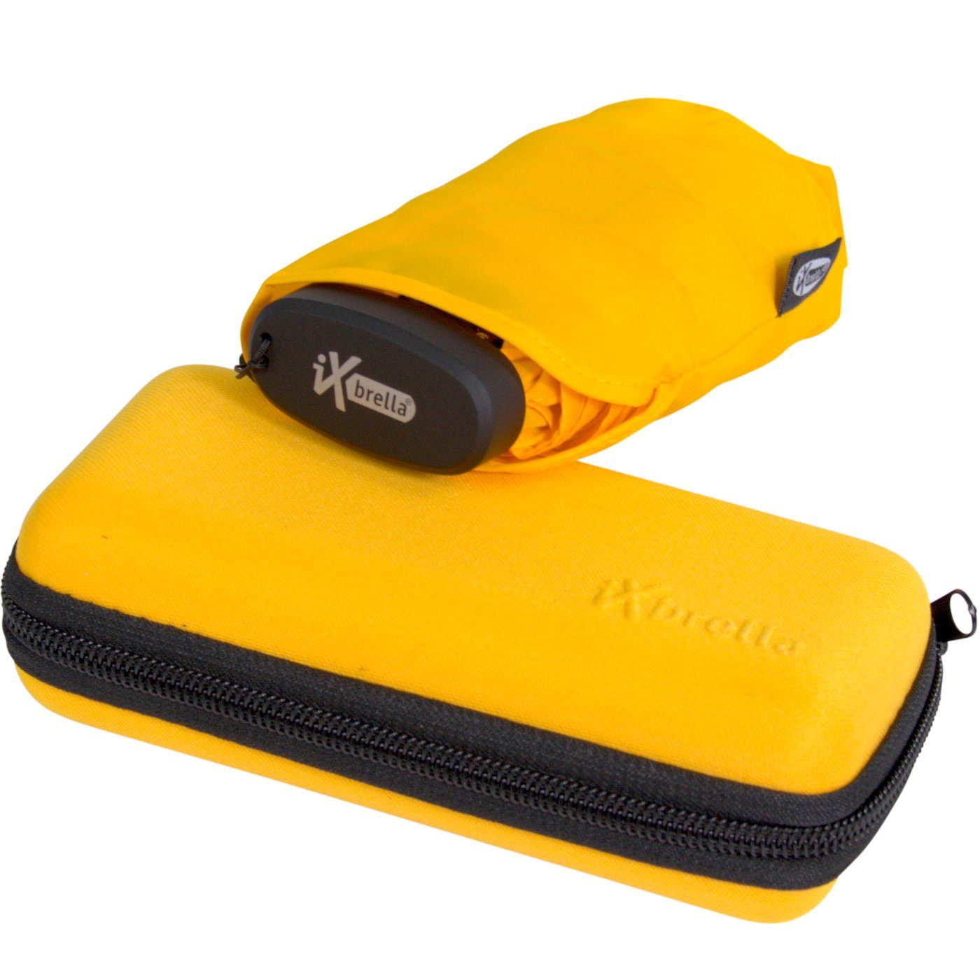 iX-brella Taschenregenschirm Ultra Mini 15 cm winziger Schirm im Handy Format, ultra-klein, mit Softcase-Etui, gold fusion yellow gelb