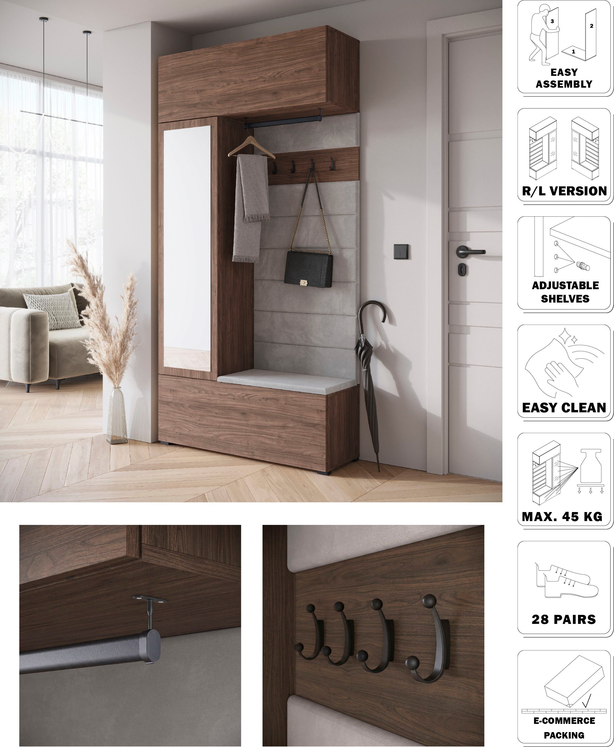 Home affaire Garderoben-Set TEJO, (Komplett-Set, 1-St., mit Spiegel und gepolsterte Sitzbank), Spiegel Schrank Element flexibel links/rechts einsetzbar