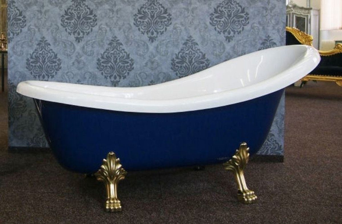 Casa Padrino Badewanne Luxus Jugendstil Badewanne Weiß / Saphirblau / Gold 174 x 83 x H. 81 cm - Freistehende Retro Badewanne mit Löwenfüßen - Retro Badezimmer Möbel