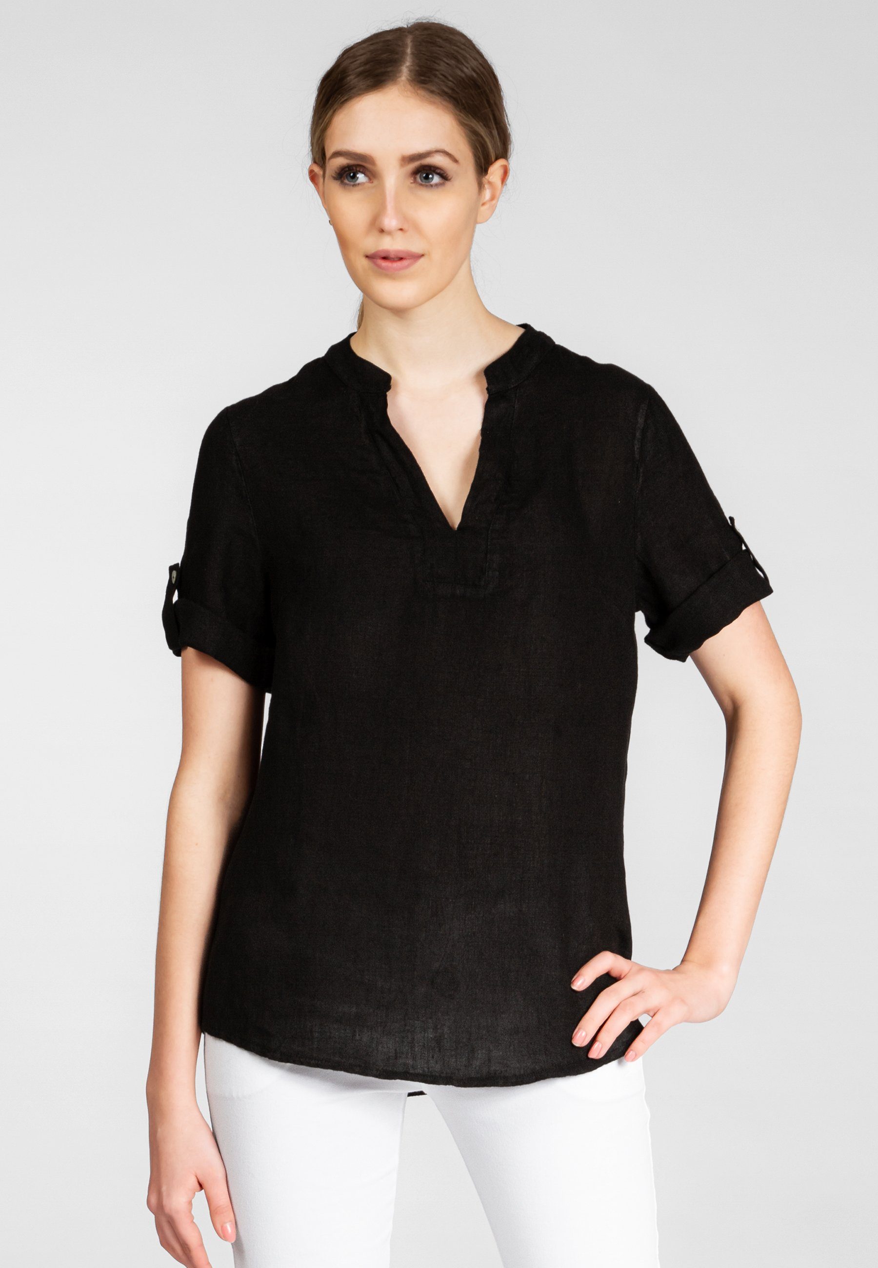 V-Ausschnitt Leinenbluse mit Caspar Sommer elegante Damen BLU024 schwarz stylischem Halbarm Shirtbluse