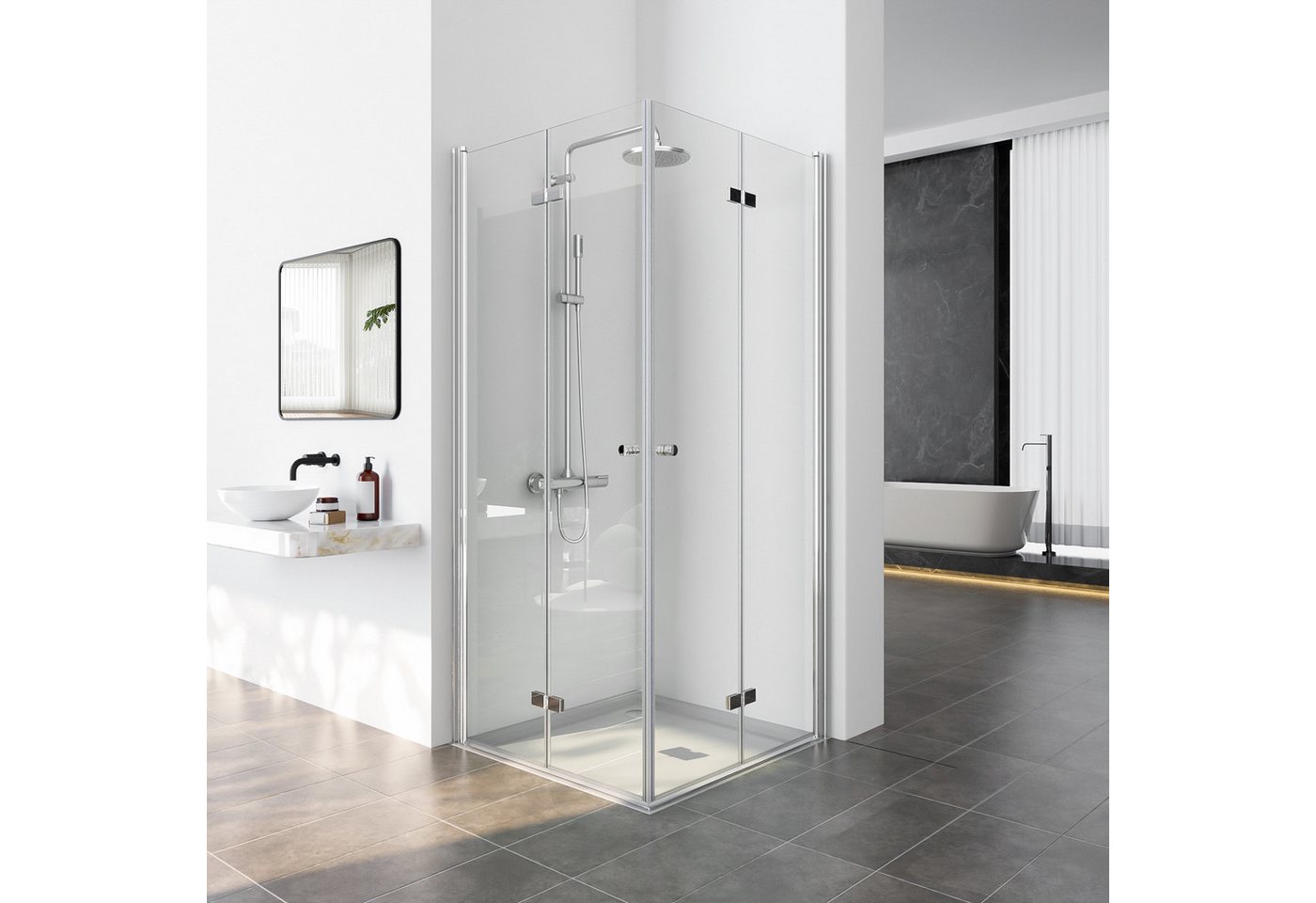 Thumbnail - Boromal Eckdusche Duschkabine Eckeinstieg Falttür 185H Duschwand Duschabtrennung, BxT: 90x90 cm, 5mm ESG Glas