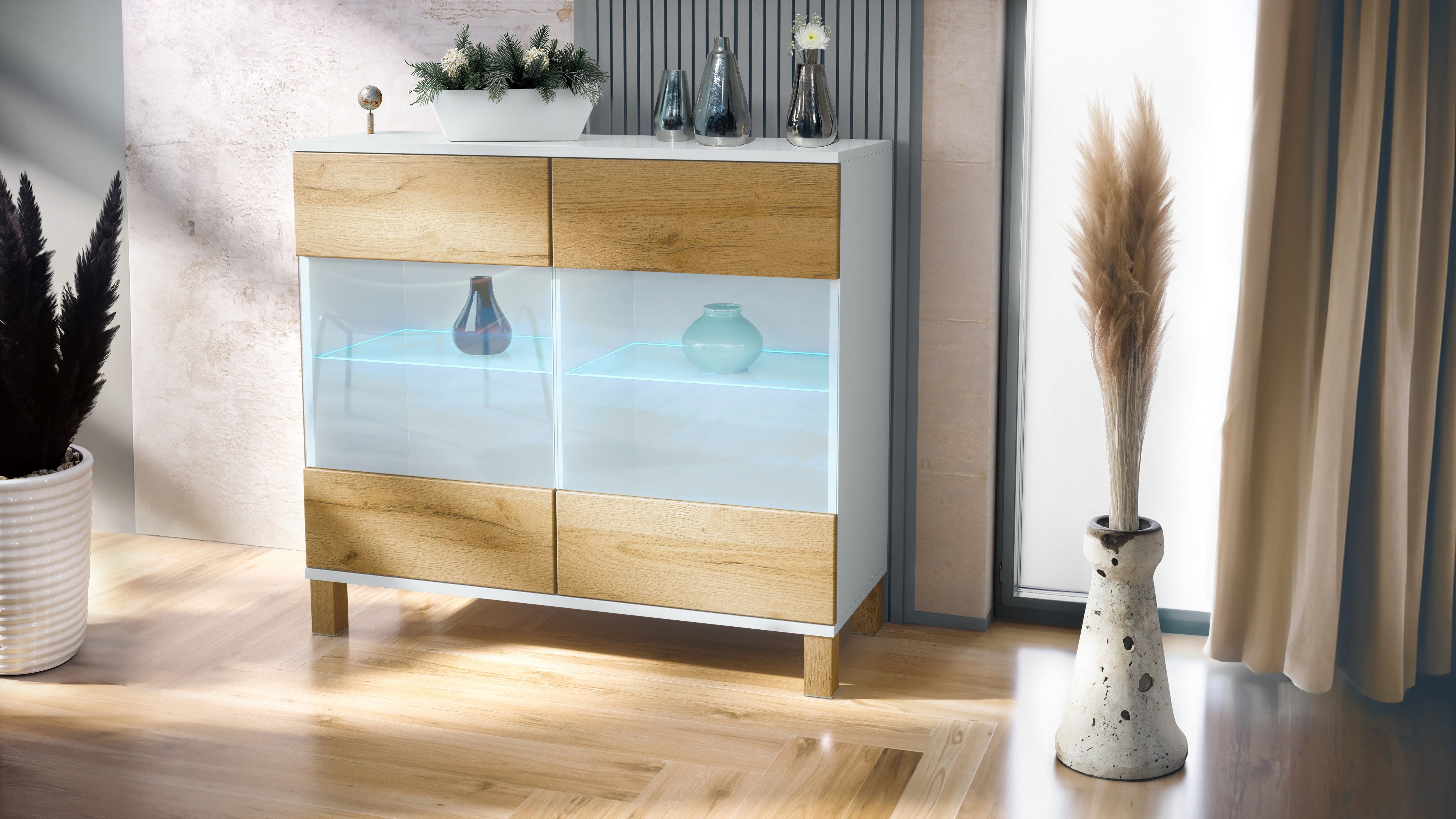 Vladon Kommode Bari V3 Wood (Moderner Küchenschrank, mit 2 großen Glastüren), Weiß matt / Eiche Natur (92,5 x 84,5 x 35)