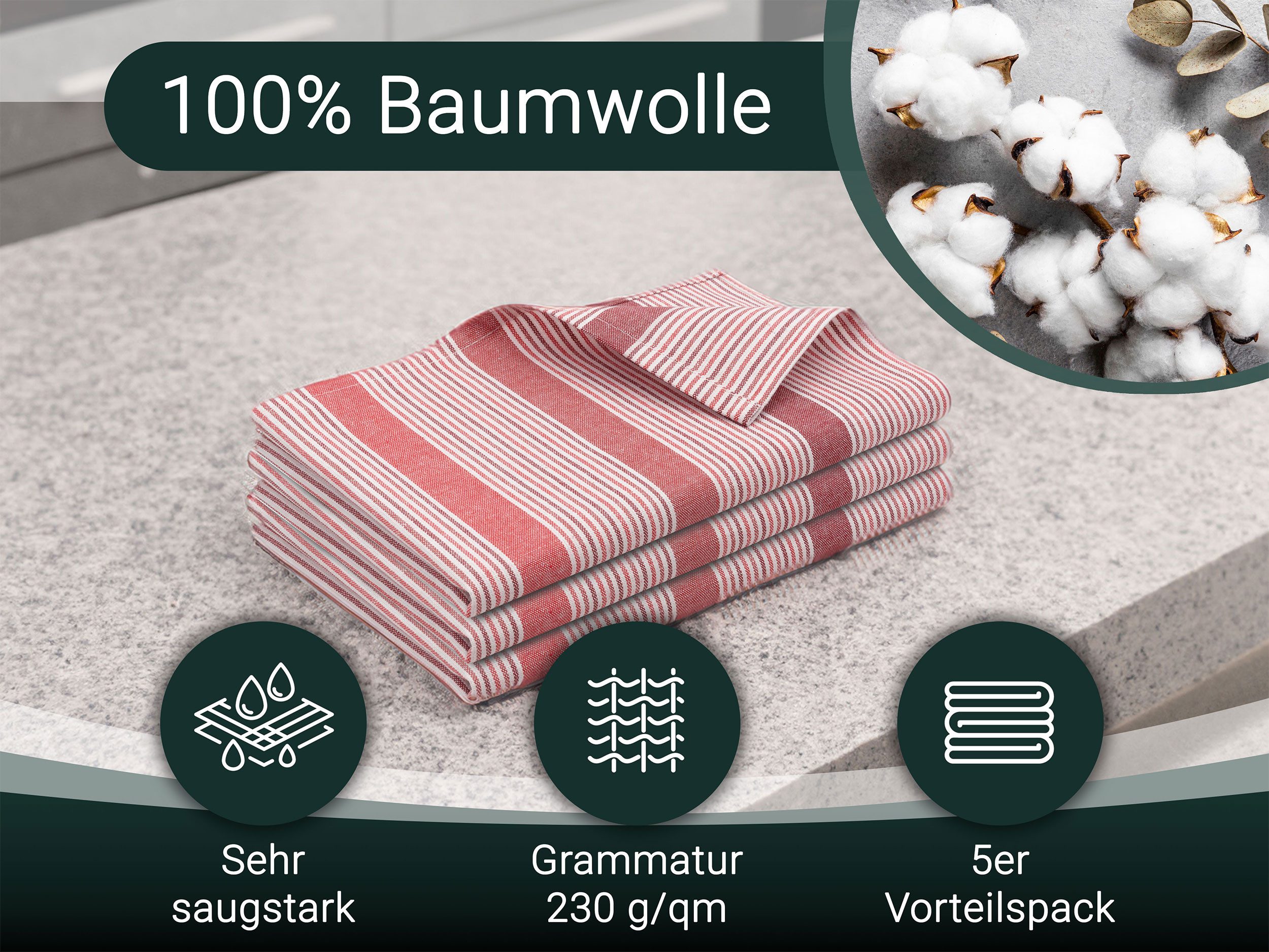 ZOLLNER Geschirrtuch, (Set, 5-tlg), 50 x 70 cm, 100% Baumwolle, vom Hotelwäschespezialisten