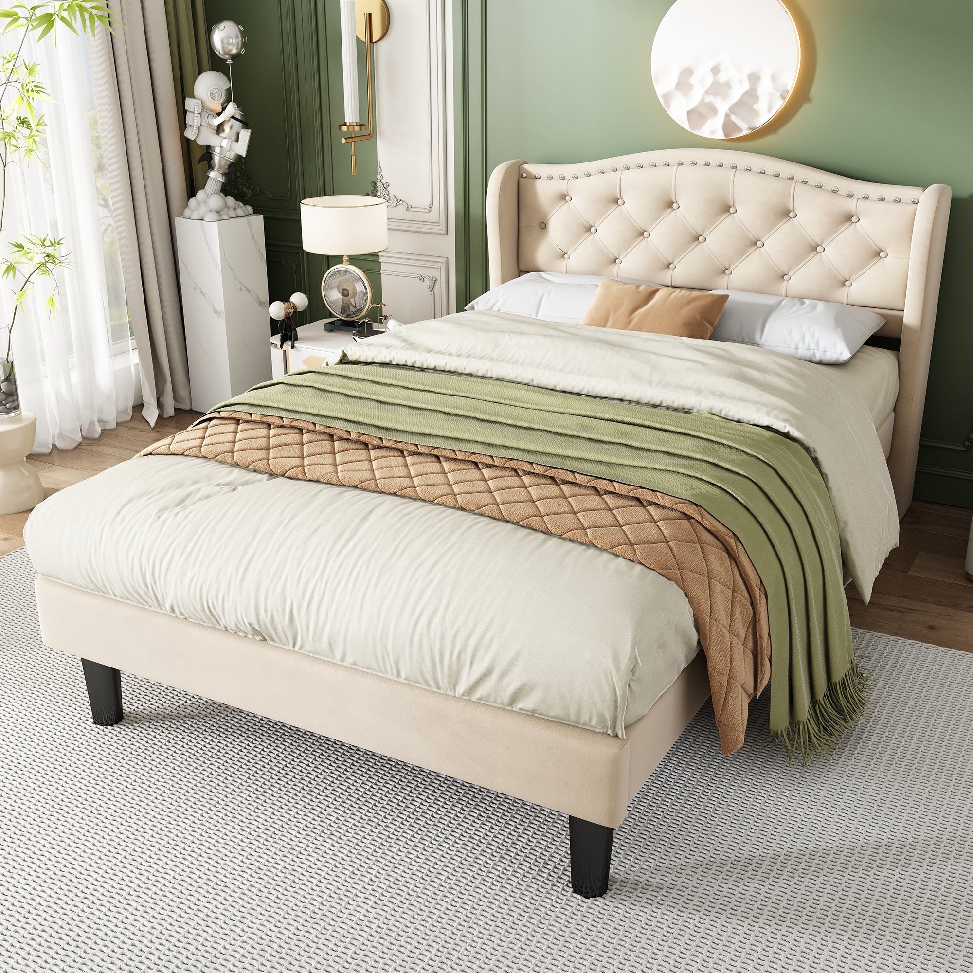 SPLOE cm Ohne-Matratze), Bettrahmen Funktionsbett Polsterbett Polsterbett Kinderbett Holzplatten, stabilen Beige Einzelbett (90x200 HAUSS Knopf-Dekor und