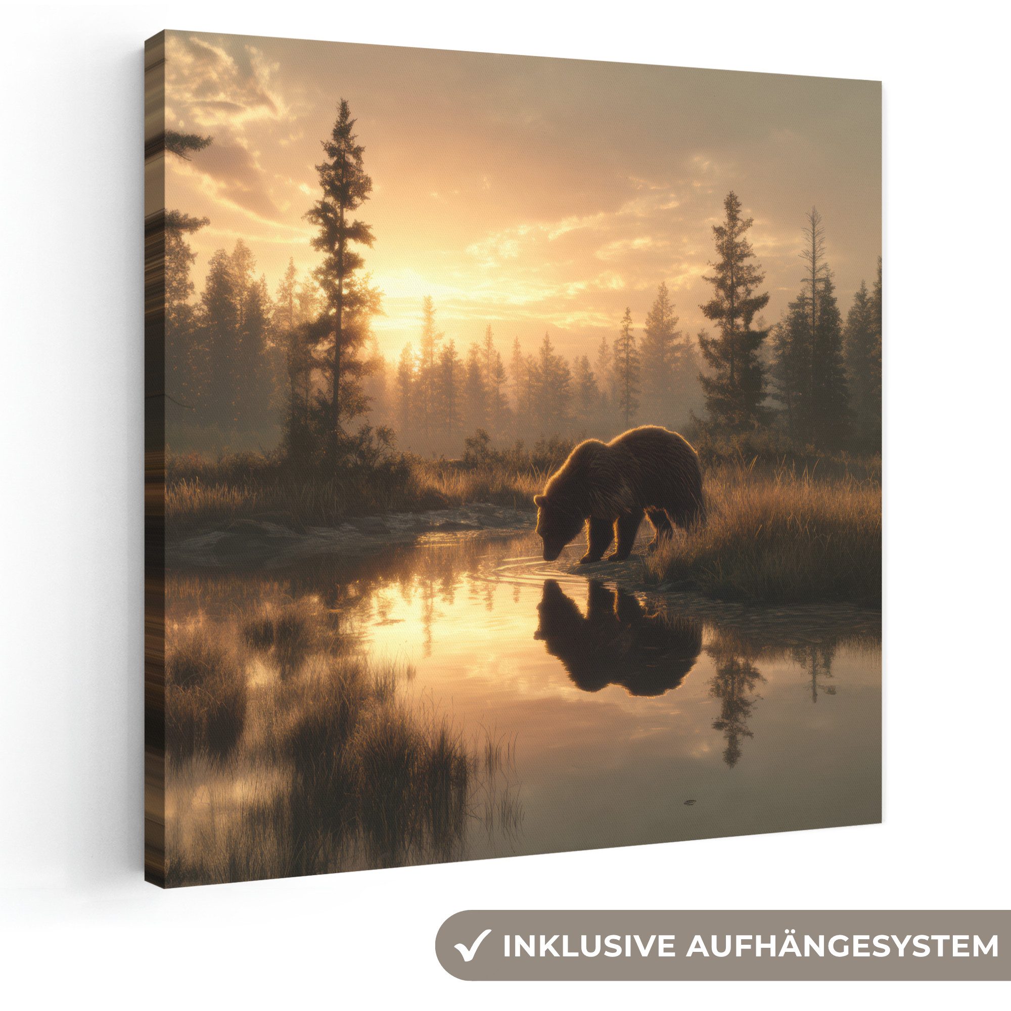 OneMillionCanvasses® Leinwandbild Bär - Wasser - Wald - Morgenlicht, Fotodruck (1 St), Wandbild, Deko Schlafzimmer Wohnzimmer Flur 20x20 cm