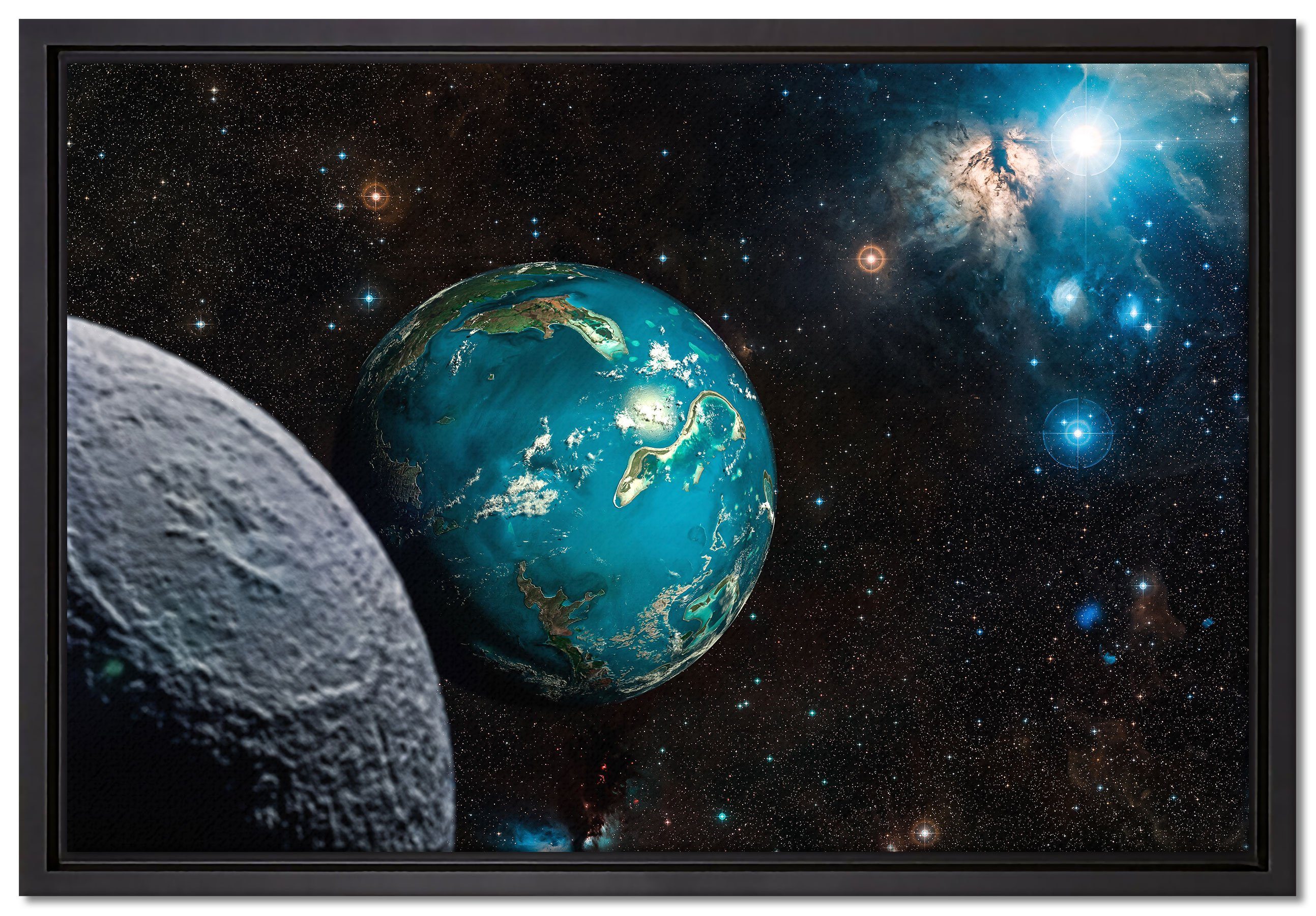 Pixxprint Leinwandbild Planet Erde im Kosmos, Wanddekoration (1 St), Leinwandbild fertig bespannt, in einem Schattenfugen-Bilderrahmen gefasst, inkl. Zackenaufhänger