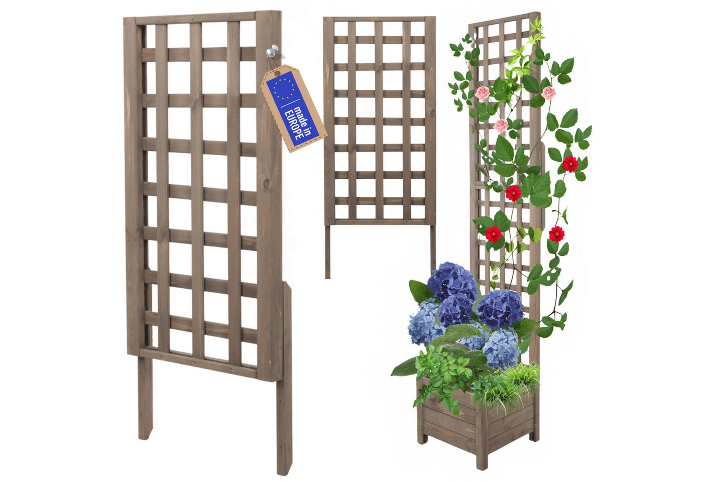 Modo24 Blumenkasten aus Holz, Pflanzkübel, Balkonkasten mit / ohne oder nur Rankgitter, Blumenkübel Holzkiste Garten Terrasse, Imprägniert Wetterfest Outdoor